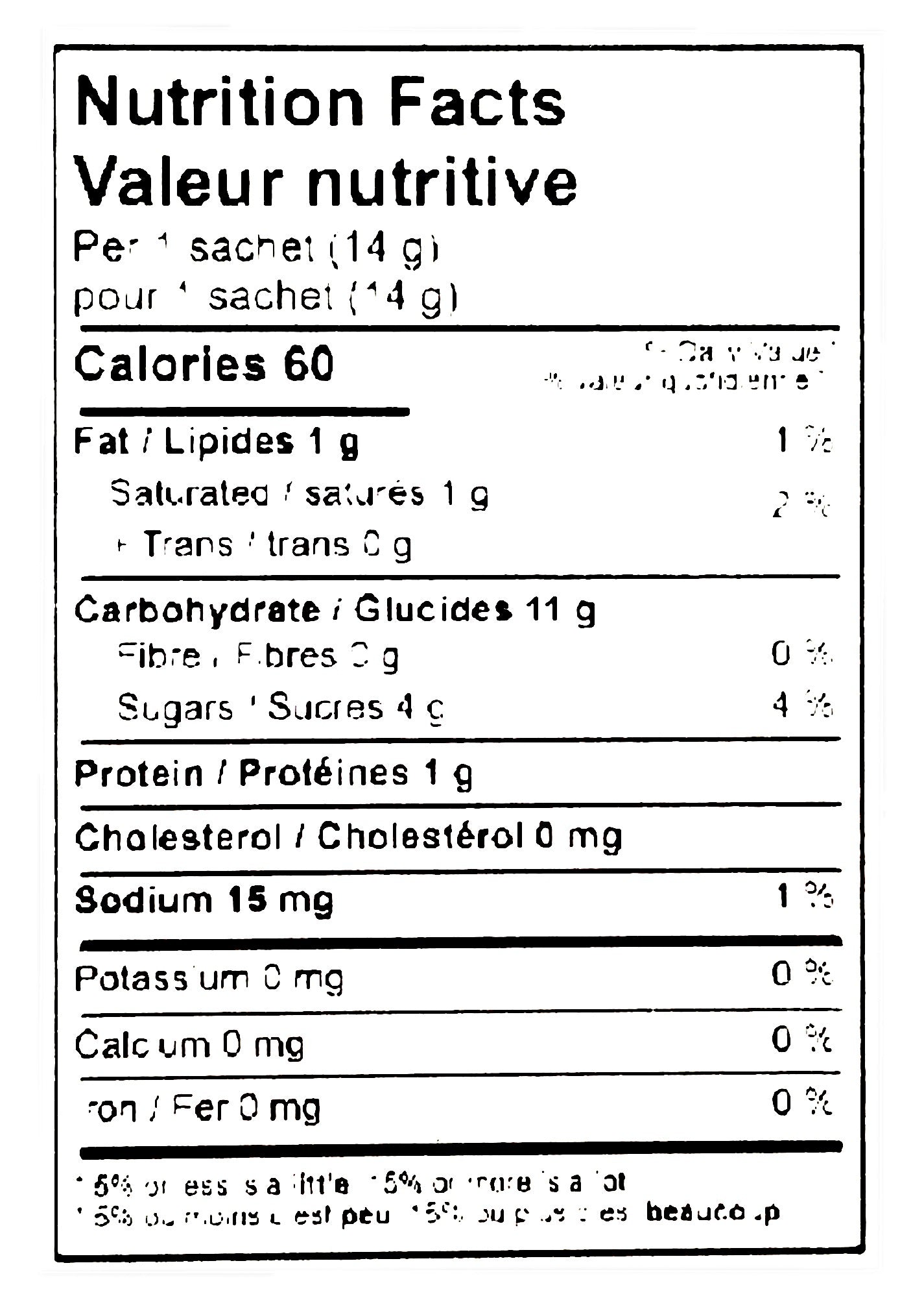 Mokate Gold Premium Cappuccino Unsweetened, 10 x 14g Single Serve Sachets, 140g/4.9 oz., nutrition facts label.