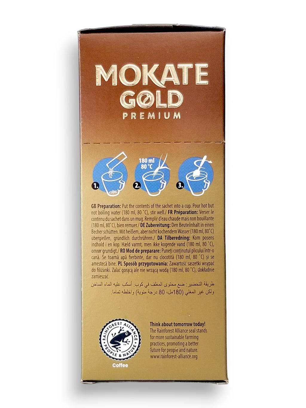 Mokate Gold Premium Cappuccino Unsweetened, 10 x 14g Single Serve Sachets, 140g/4.9 oz., side of box.