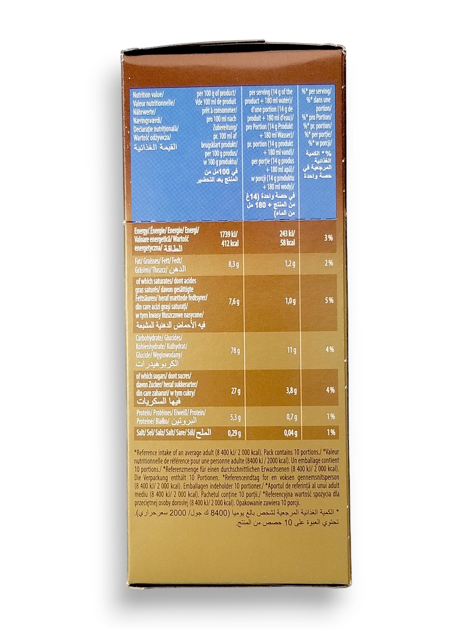 Mokate Gold Premium Cappuccino Unsweetened, 10 x 14g Single Serve Sachets, 140g/4.9 oz., side of box.