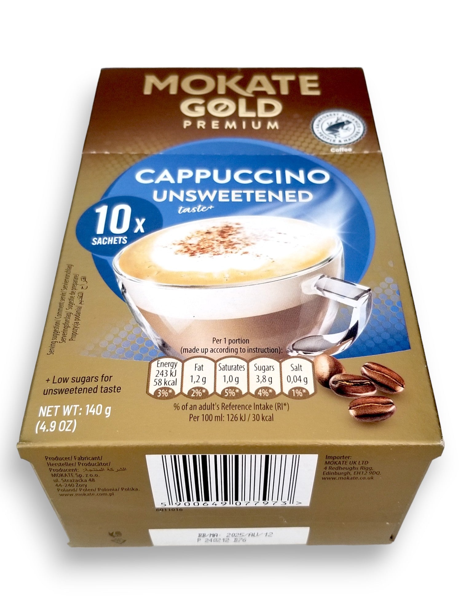 Mokate Gold Premium Cappuccino Unsweetened, 10 x 14g Single Serve Sachets, 140g/4.9 oz., bottom of box with upc.