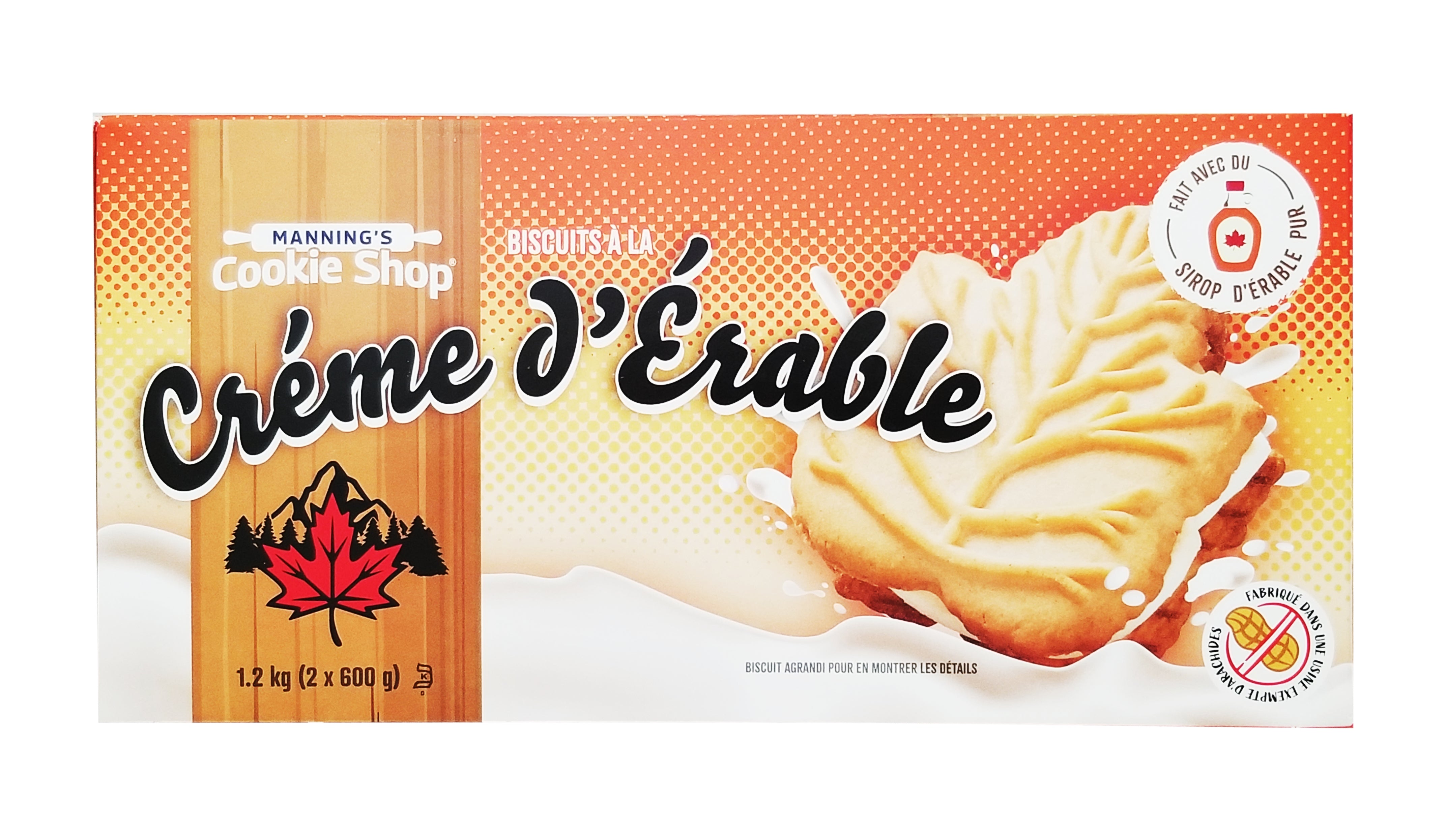 Box of Crème d'Erable cookies from Manning's Cookie Shop with a maple leaf design.