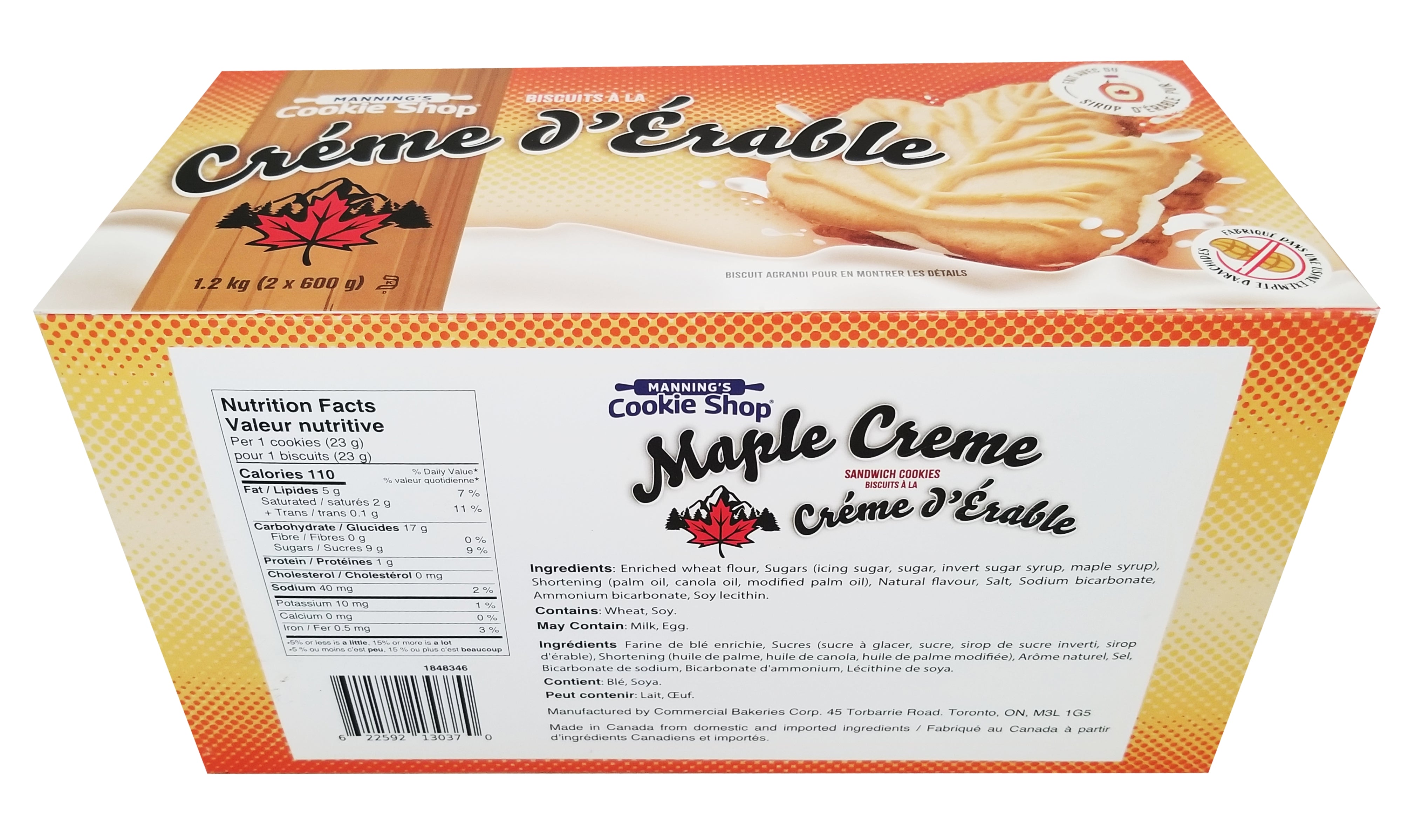 Box of Maple Creme Crème érable cookies with branding and nutritional information.
