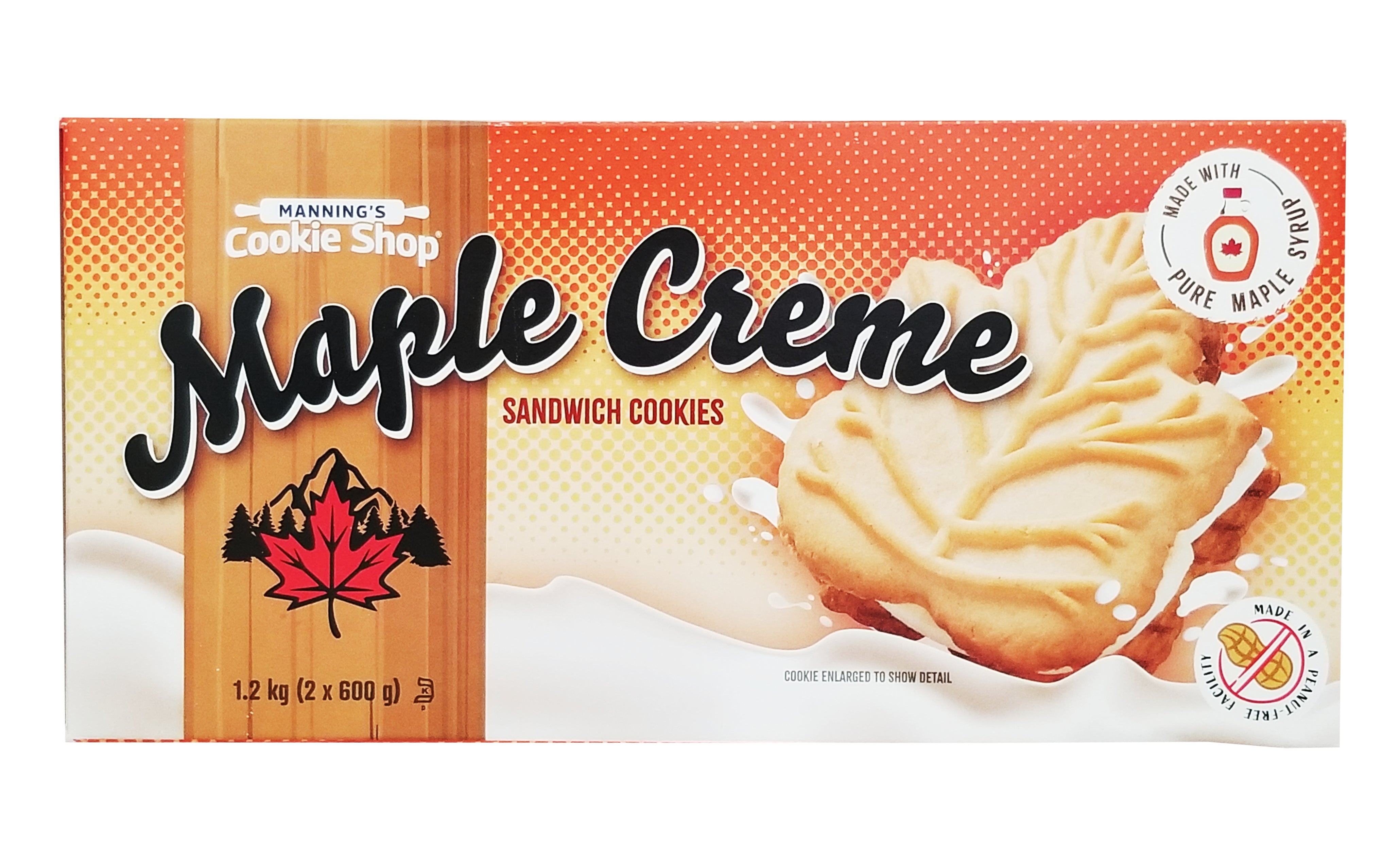 Box of Manning's Cookie Shop Maple Creme Sandwich Cookies, 1.2kg/42.3 oz with a maple leaf design.