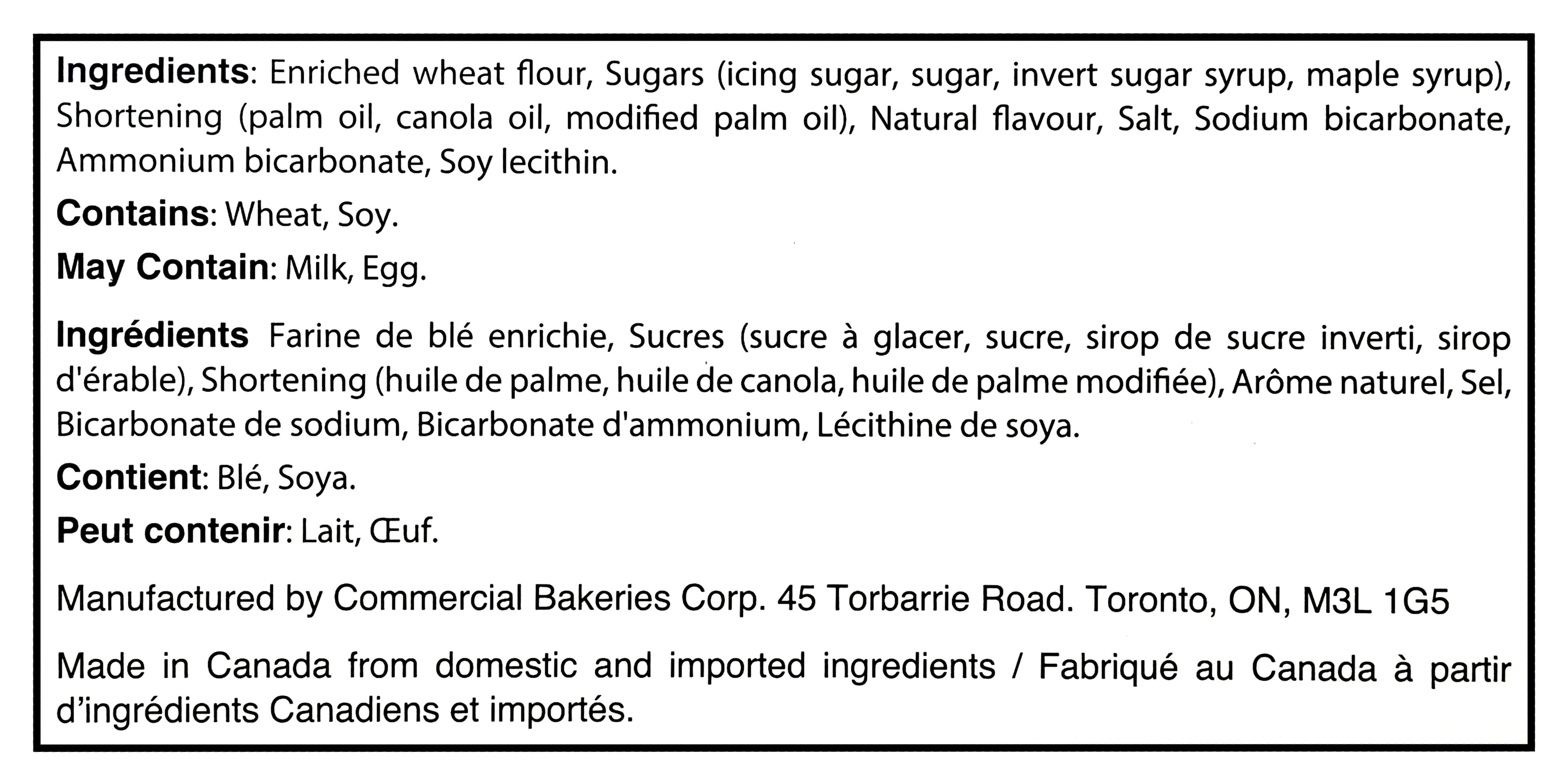List of ingredients and allergen information of Manning's Cookie Shop Maple Creme Sandwich Cookies, 1.2kg/42.3 oz on a product label.