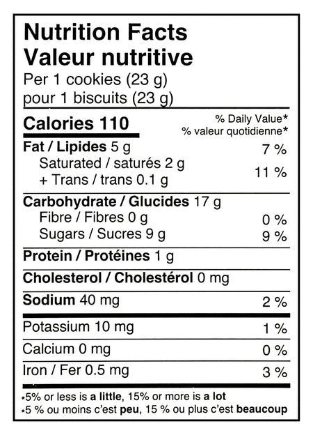 Nutrition facts label for Manning's Cookie Shop Maple Creme Sandwich Cookies, 1.2kg/42.3 oz on a white background