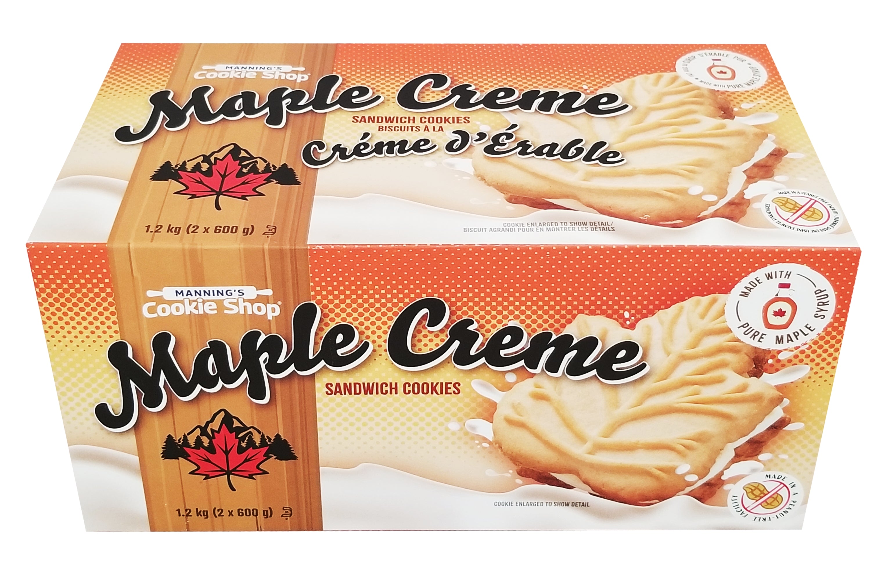 Box of Manning's Cookie Shop Maple Creme Sandwich Cookies, 1.2kg/42.3 oz with a maple leaf design on an orange background