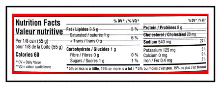 Nutrition facts label for Maple Leaf Canned Cooked Ham with detailed information on calories, fat, cholesterol, sodium, potassium, and other nutrients.