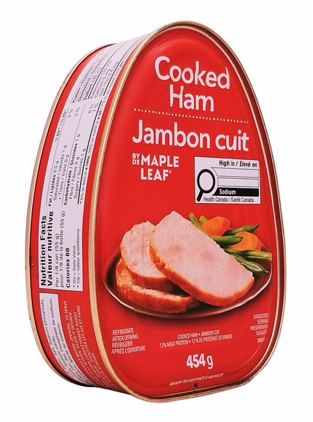 Can of Maple Leaf Cooked Ham on a white background