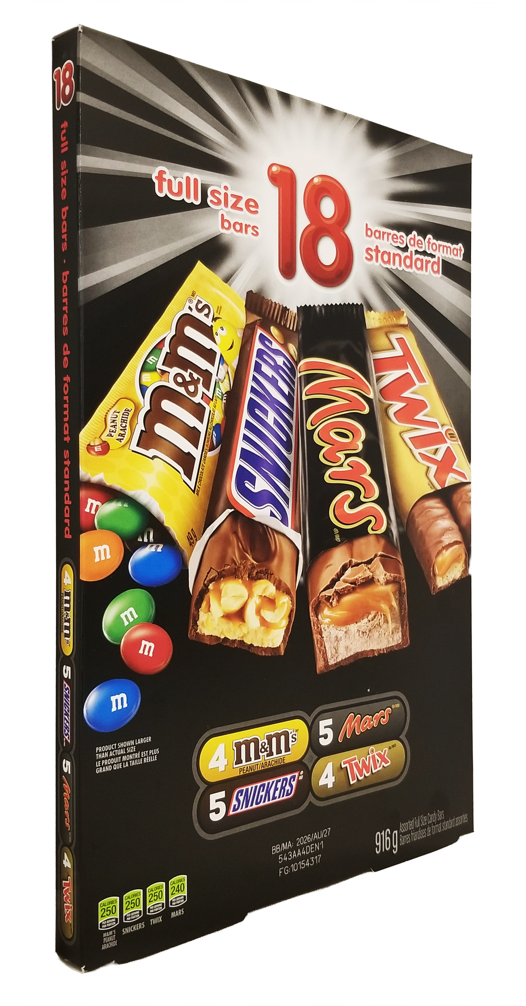 Box of candy bars including M&M's, Snickers, Twix, and others on a white background