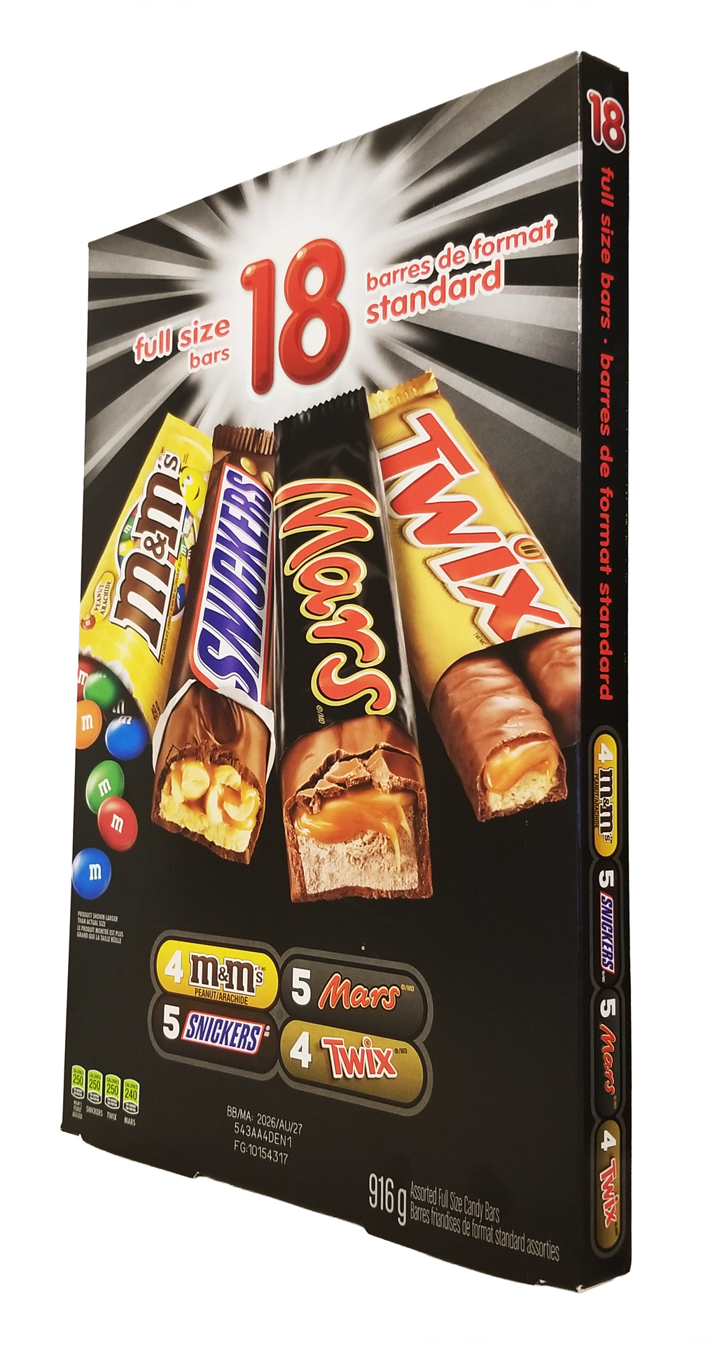 Box of candy bars including M&M's, Snickers, Twix, and Mars on a white background