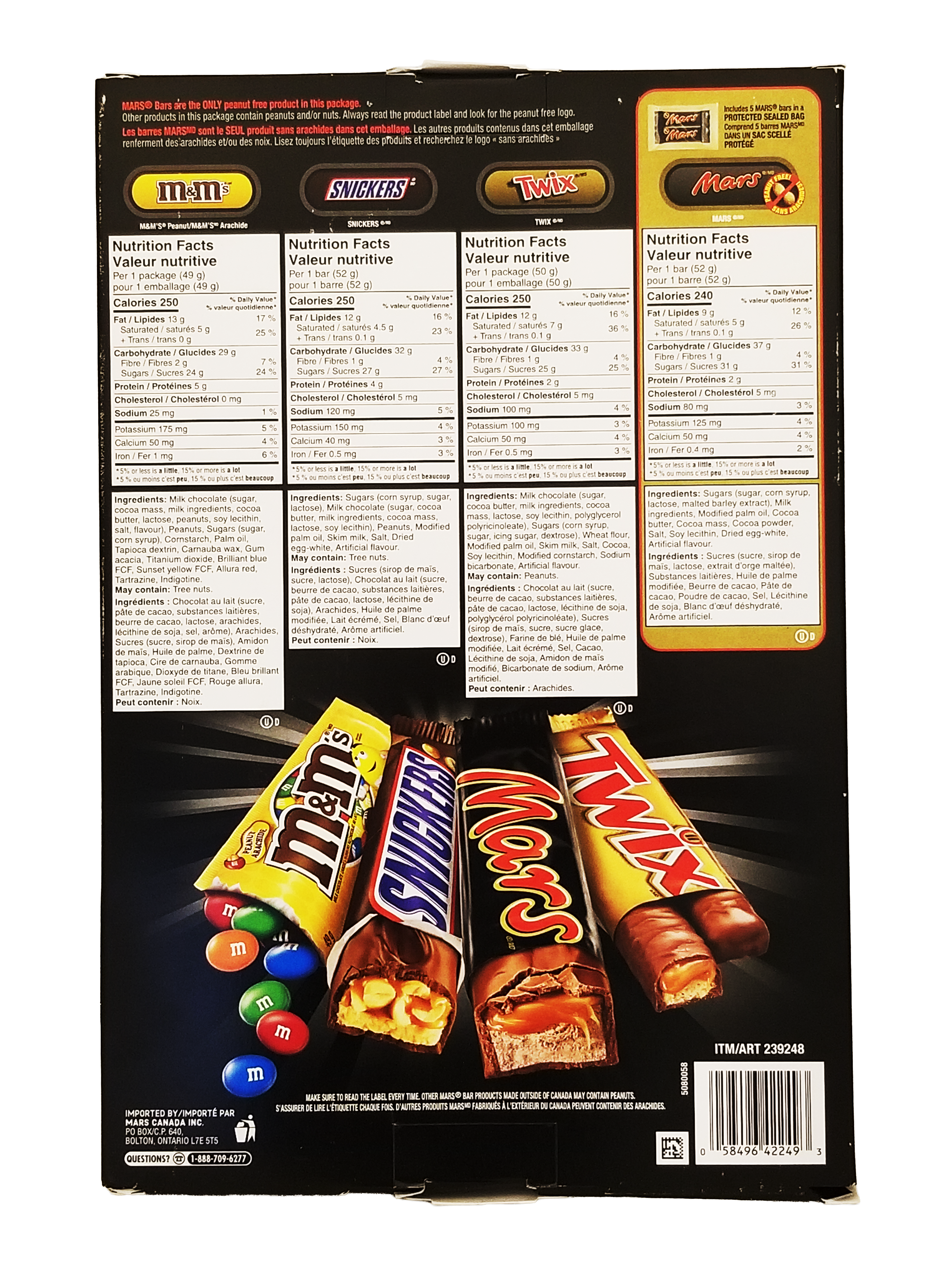 Back view of a Mars 18 Full Size Milk Chocolate Bars Variety Pack, Twix, Mars, Snickers, M&M's Peanut Candy - 916g package with M&M, Snickers, and Twix logos.