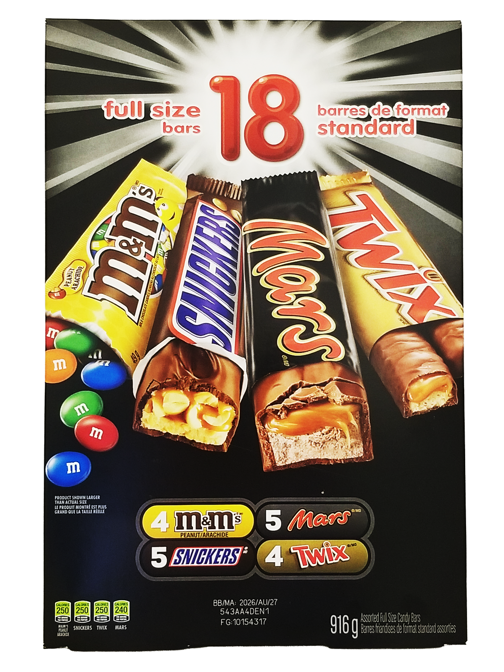 Box of candy bars including M&M's, Snickers, Mars, and Twix with a black and white background.