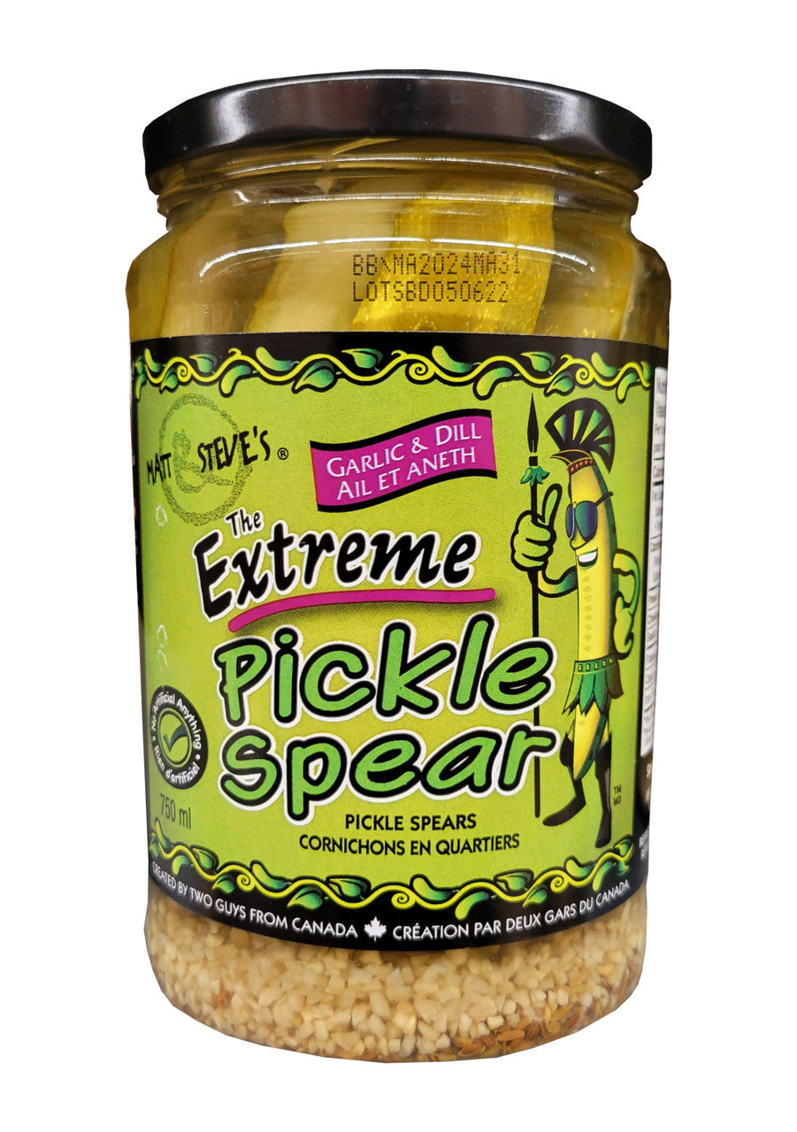 Matt & Steve's The Extreme Pickle Spears, Garlic  & Dill Pickles, 750mL/25.4 oz. Bottle Front Side