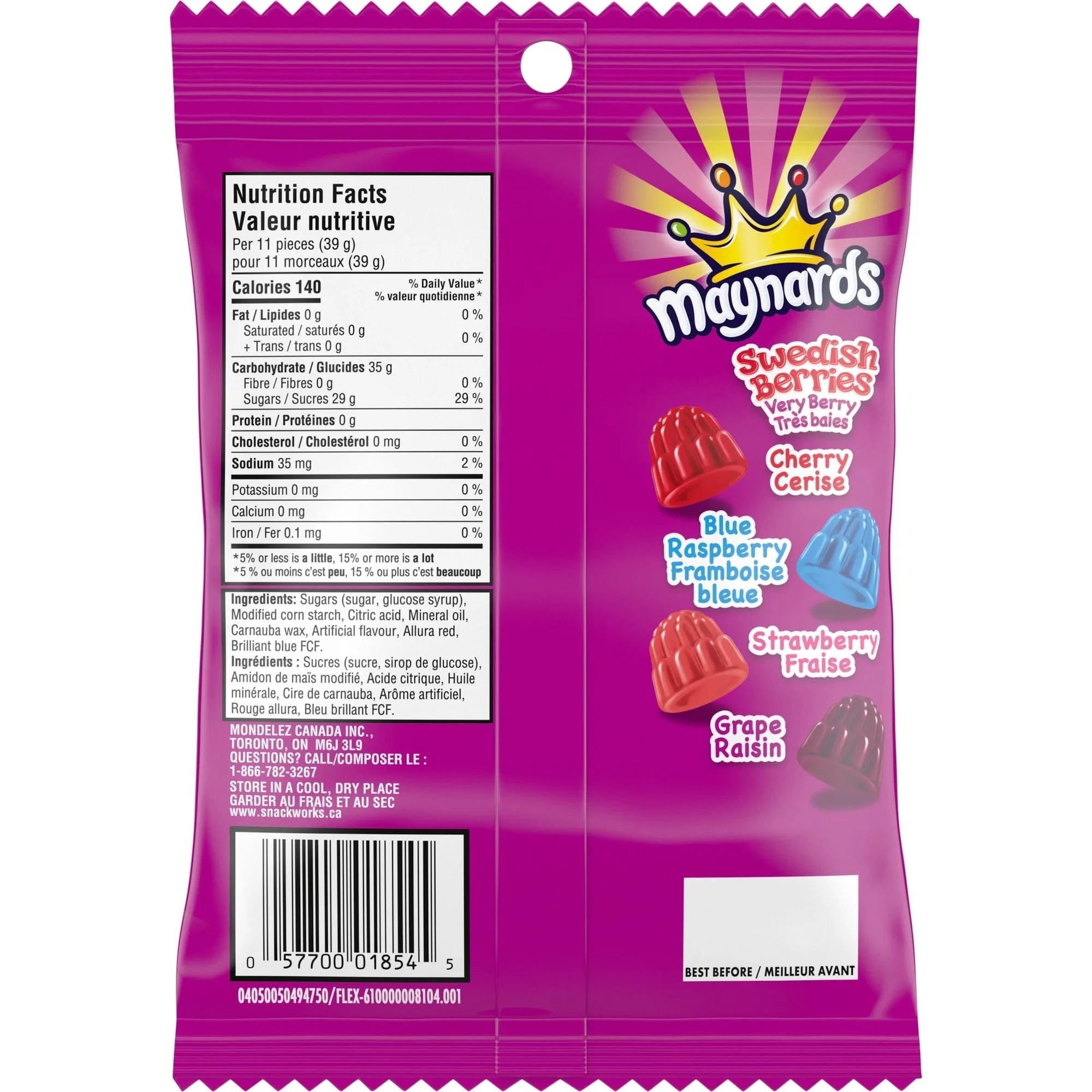Maynards Swedish Berries very berry candy package 154g with nutrition facts and flavor information on a white background