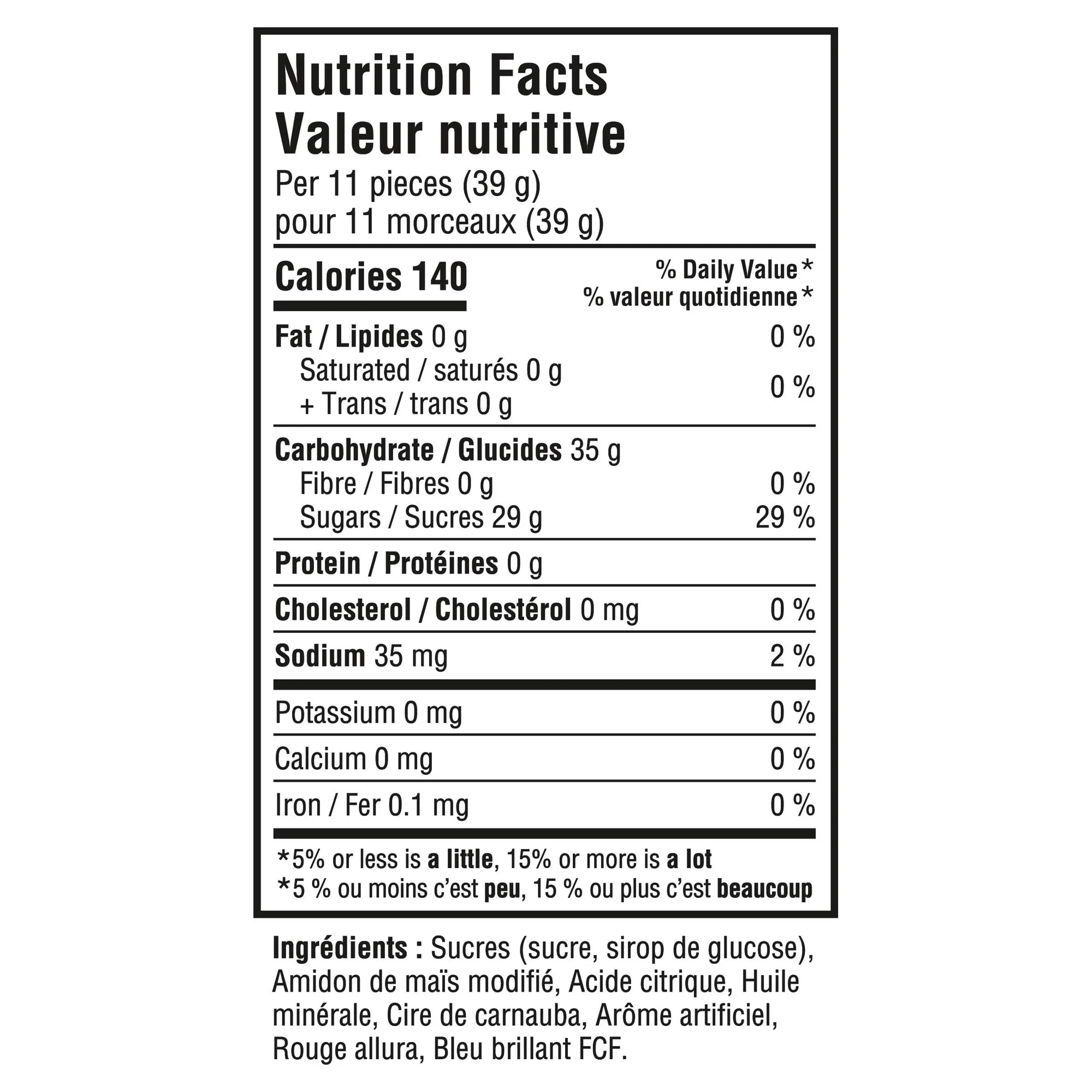 Nutrition facts label for Maynards Swedish Berries Very Berry Gummy Candy 154g with detailed calorie count and ingredient list.