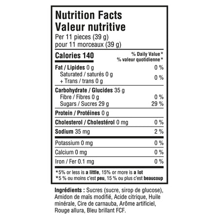 Nutrition facts label for Maynards Swedish Berries Very Berry Gummy Candy 154g with detailed calorie count and ingredient list.