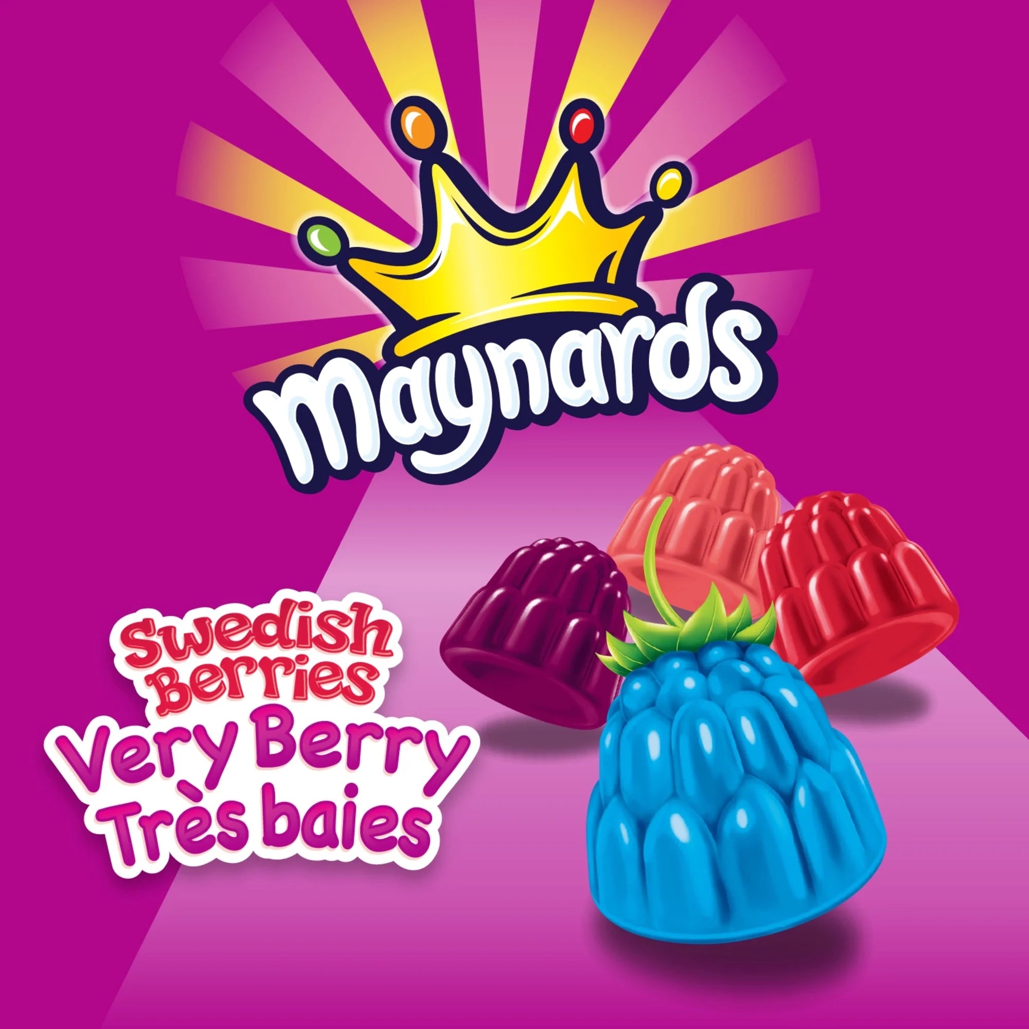 Maynards Swedish Berries candy packaging with colorful candies on a purple background
