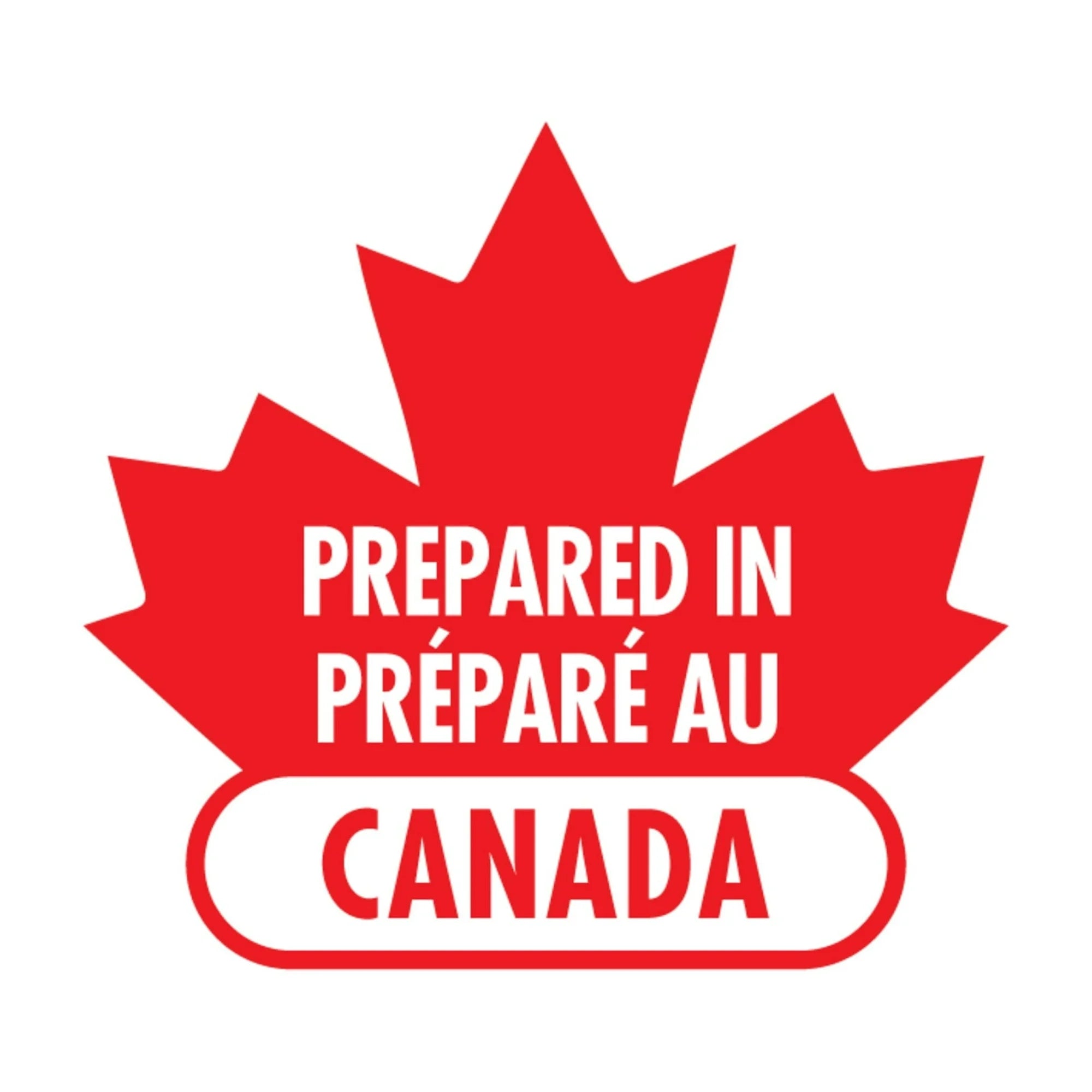 Red maple leaf with 'Prepared in Canada' text on a white background