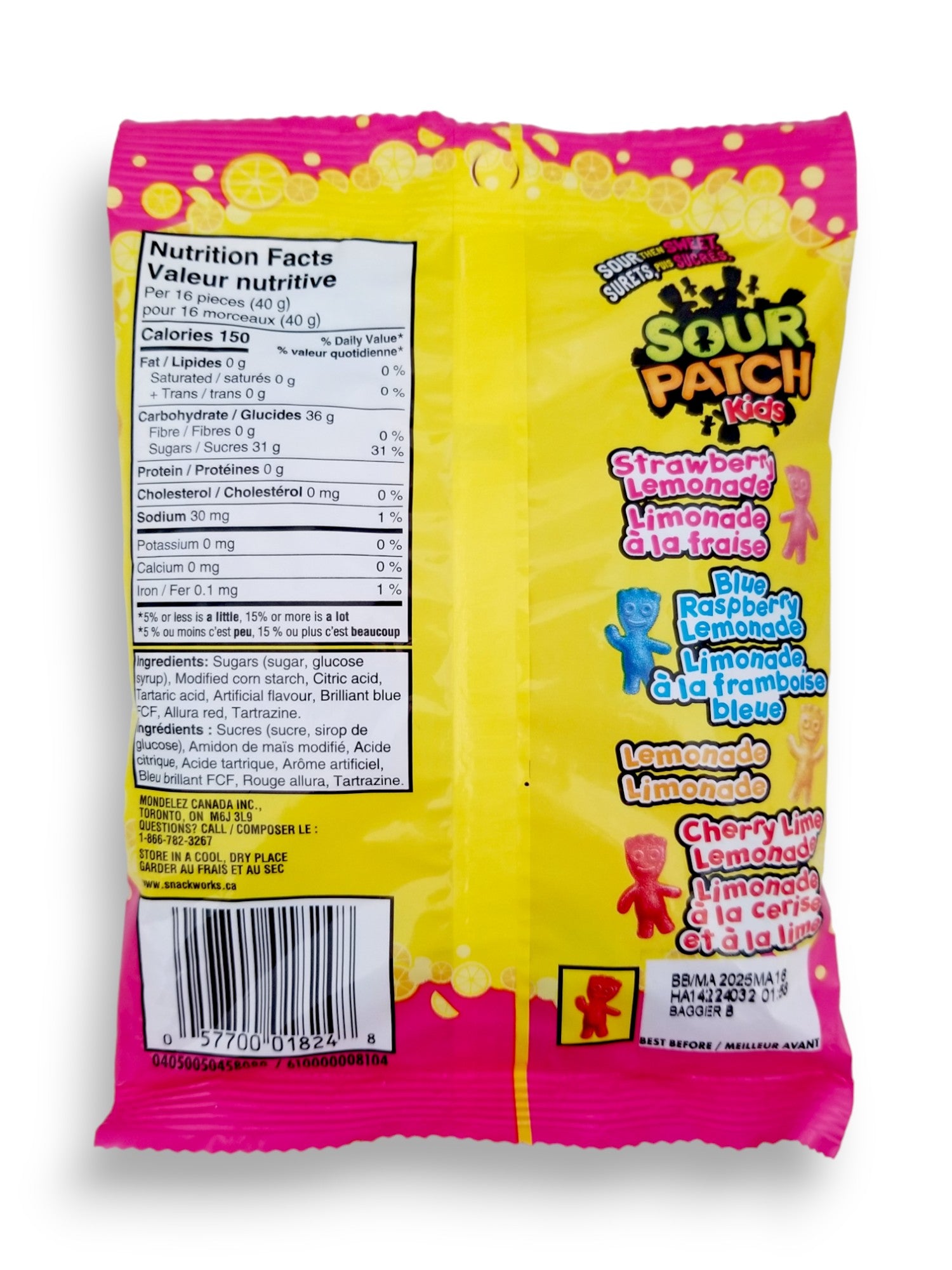 Maynards Sour Patch Kids Candy, Lemonade, 150g/5.3 oz., back of bag.