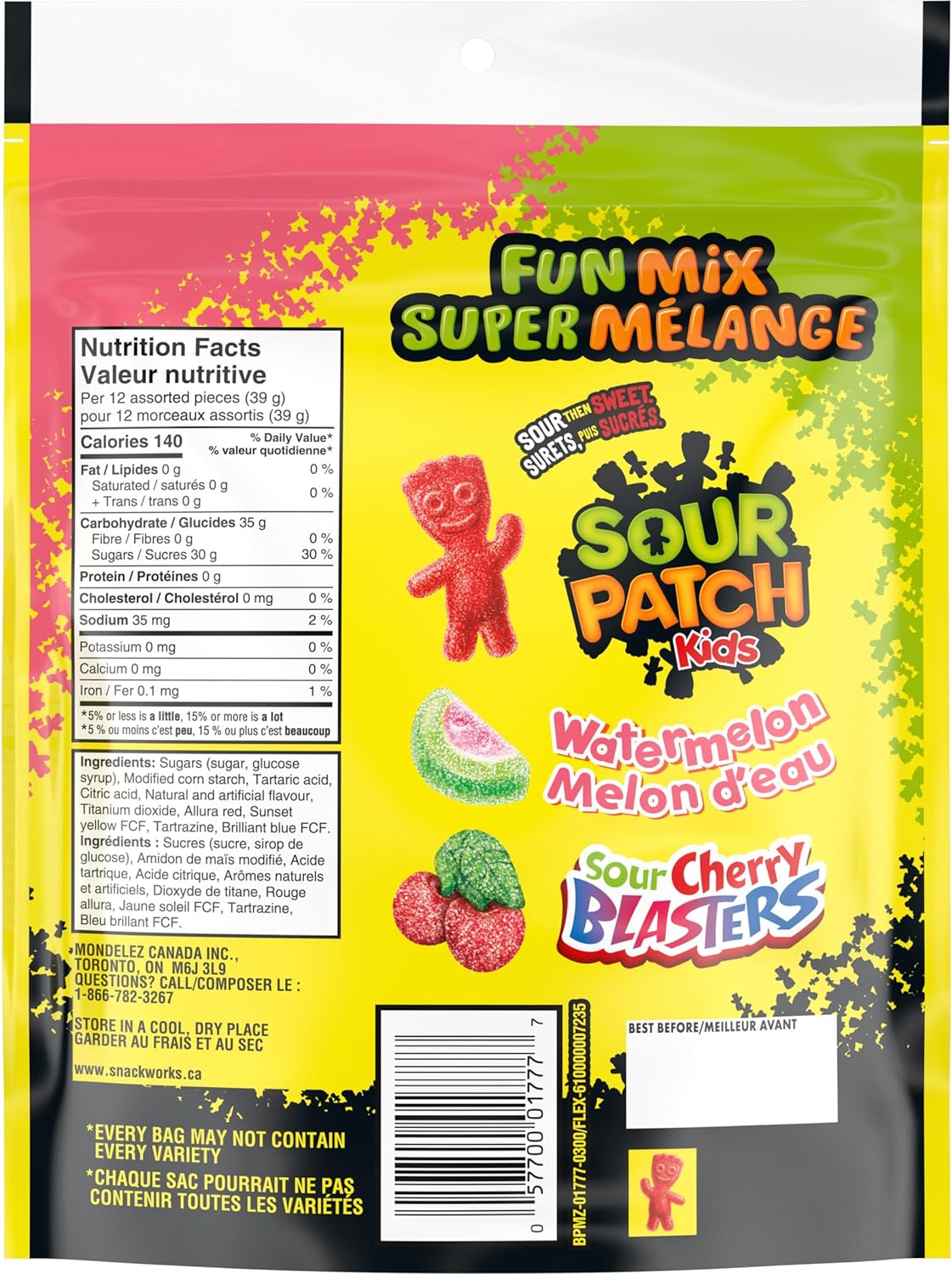 Maynards Sour Patch Kids Fun Mix Candy, 315g/11 oz. Bag Back Side