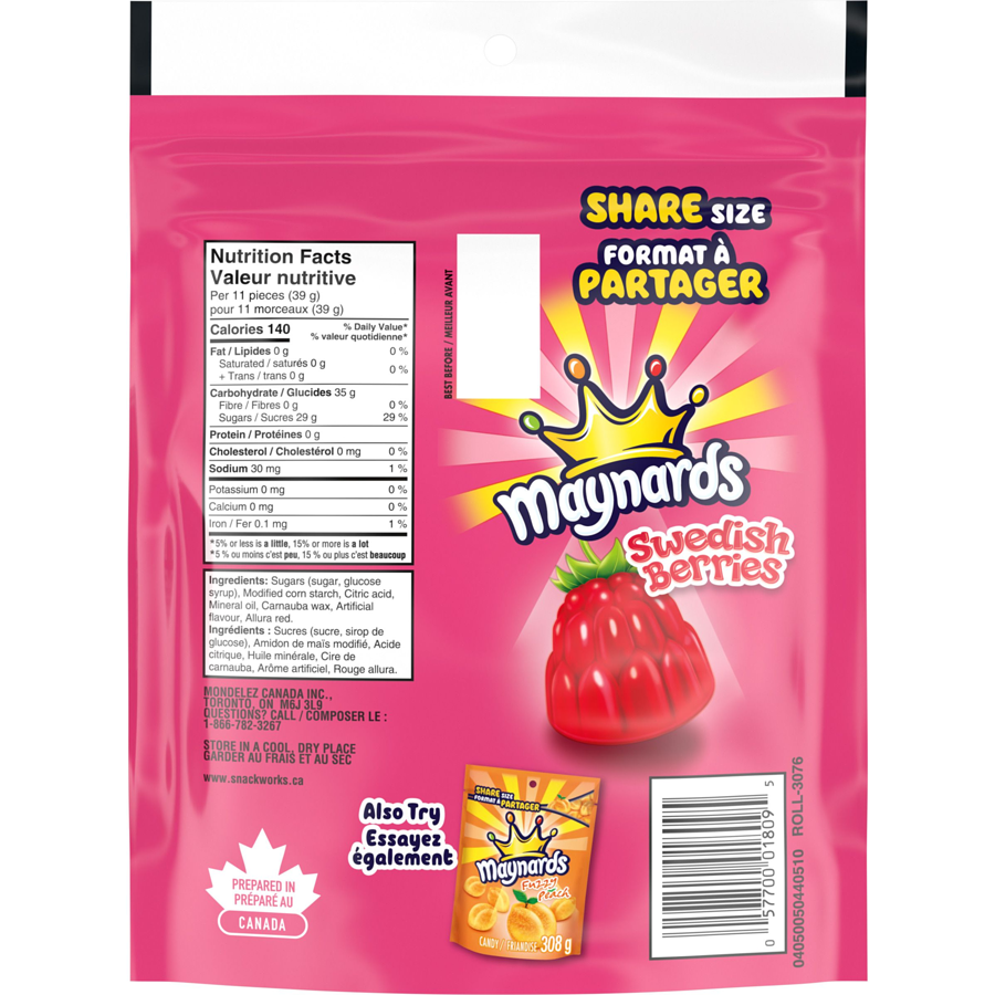 Maynards Swedish Berries Gummy Candy 315g - Back of Bag