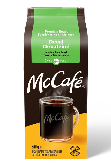McCafé decaf coffee package with a green and brown design.