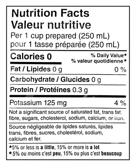 Nutrition facts label for a prepared product with 0 calories, 0g fat, 0g carbohydrates, 0.3g protein, and 125mg potassium per 250mL serving.