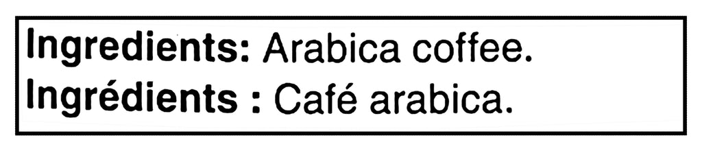 Ingredients list for McCafe Premium Medium Dark Roast Ground Coffee - 875g in English and French, indicating Arabica coffee.