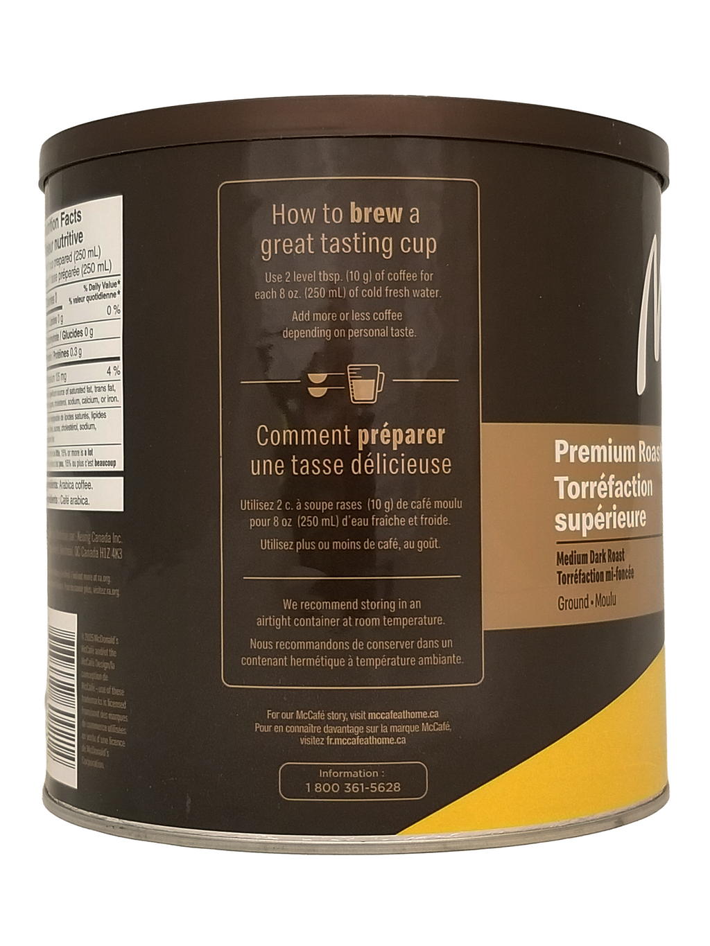 Back view of a McCafe Premium Medium Dark Roast Ground Coffee - 875g can with brewing instructions and product details.