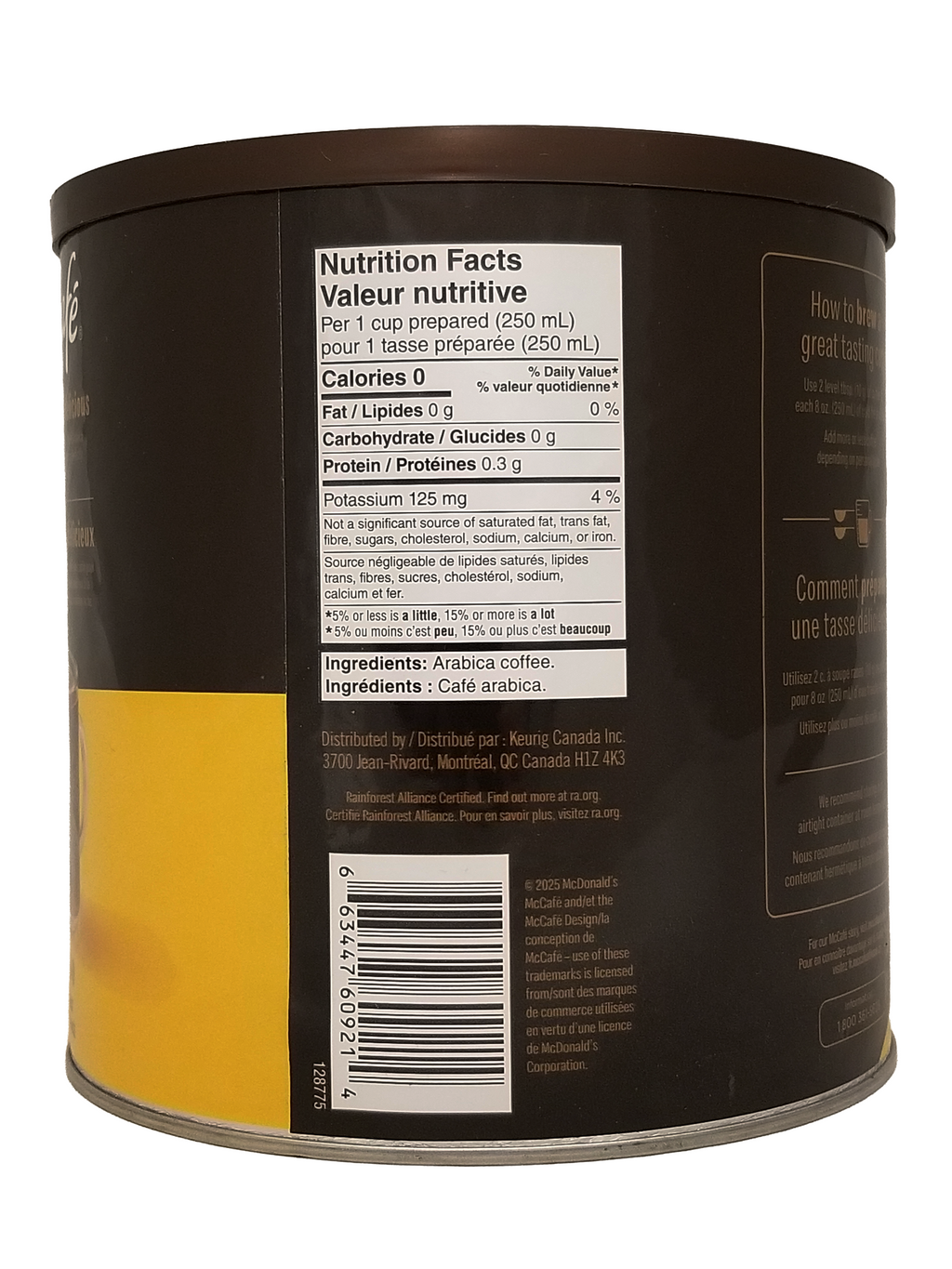 Back of a McCafe Premium Medium Dark Roast Ground Coffee - 875g can with nutrition facts label and ingredients list.