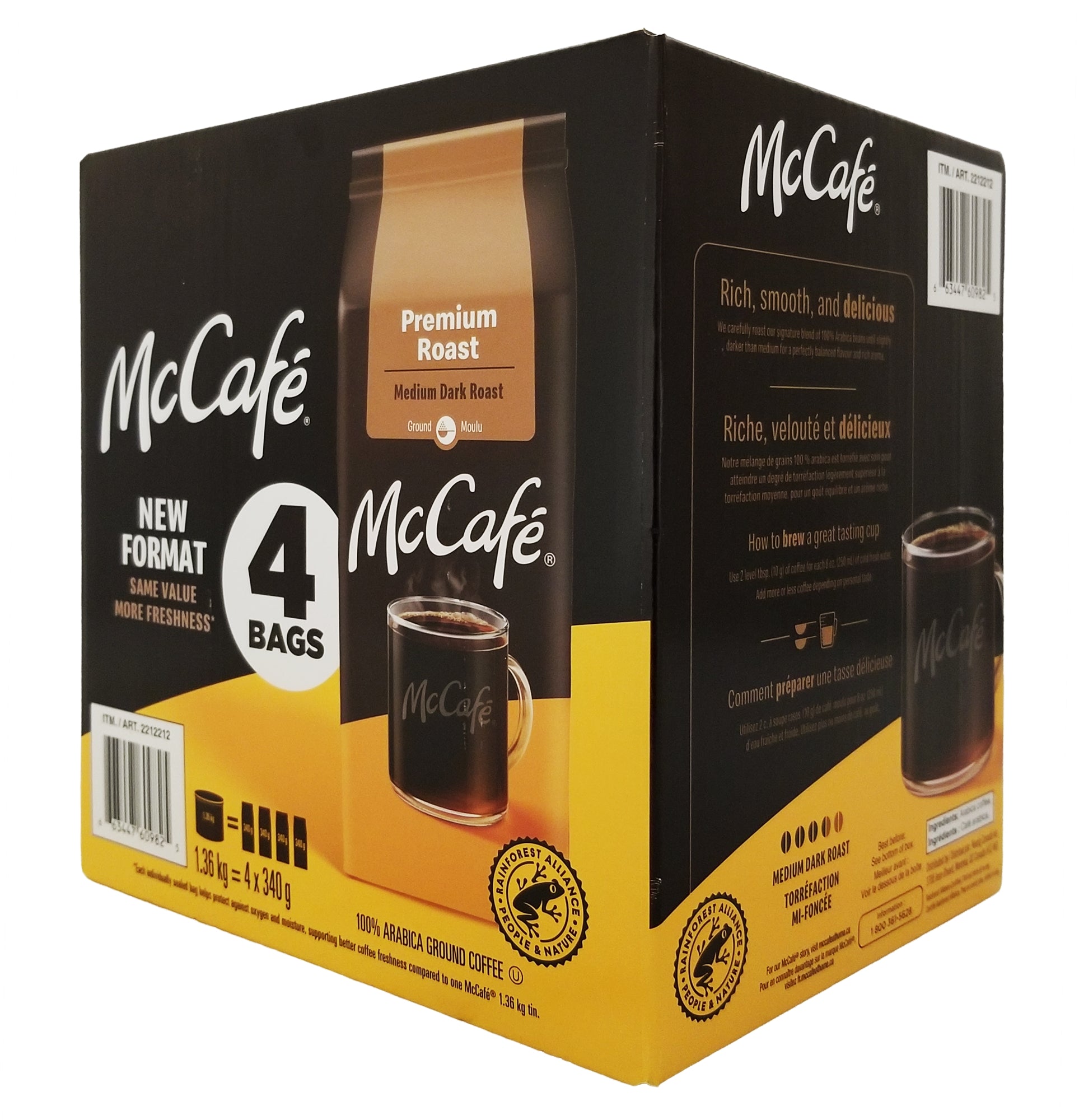 Angle of McCafe Premium Roast Medium Dark Roast Ground Coffee 1.36kg package with a black and yellow design featuring a coffee mug.