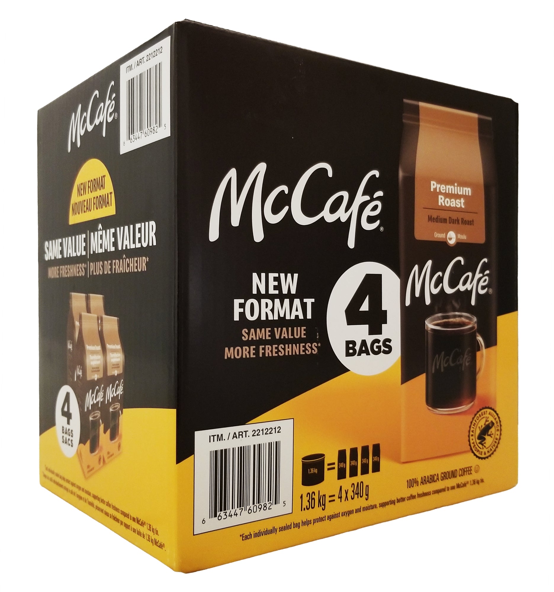 Package of a McCafe Premium Roast Medium Dark Roast Ground Coffee 1.36kg with black and yellow design