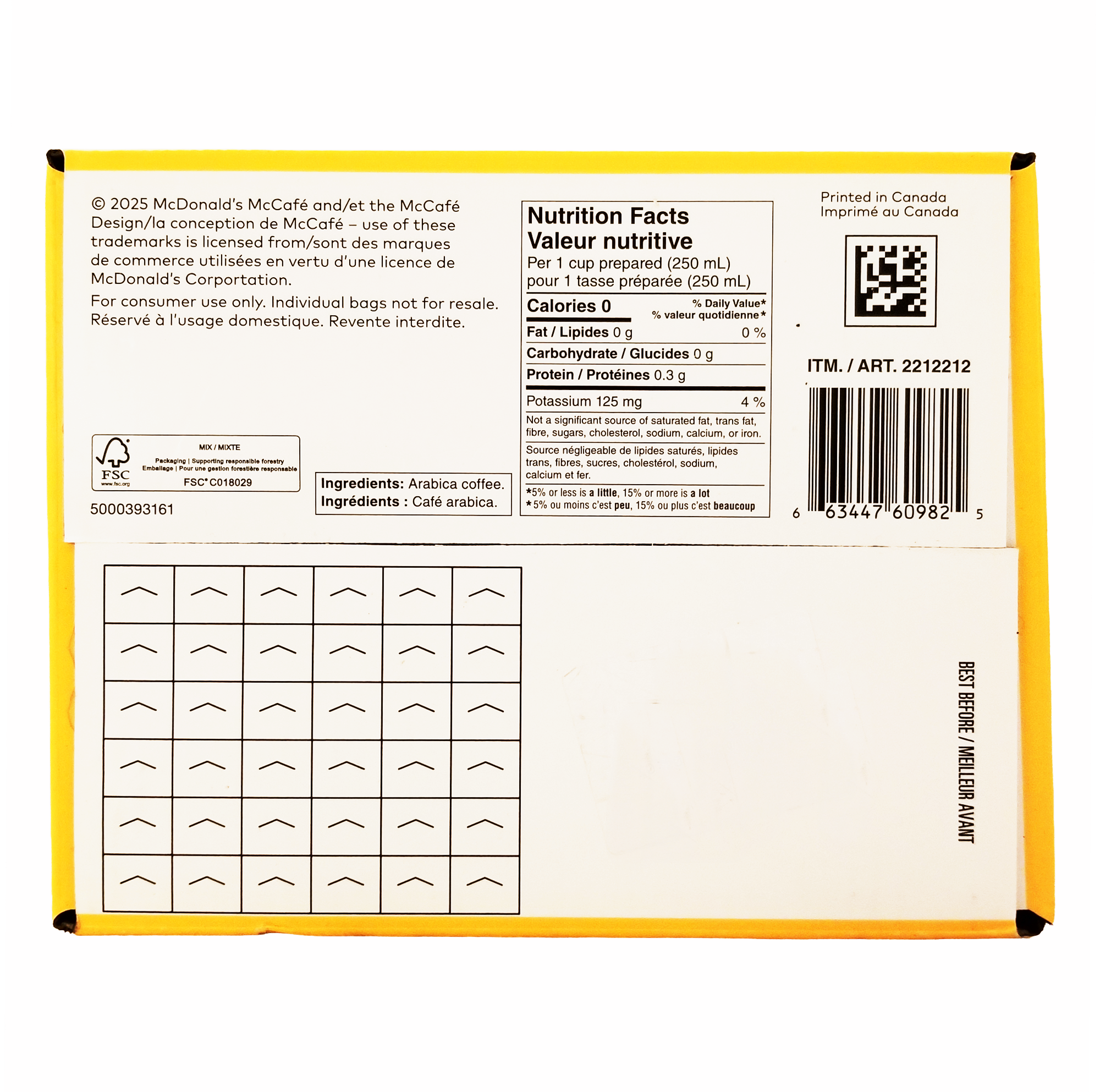McCafe Premium Roast Medium Dark Roast Ground Coffee 1.36kg package showing nutrition facts label and ingredients list on a yellow and white background