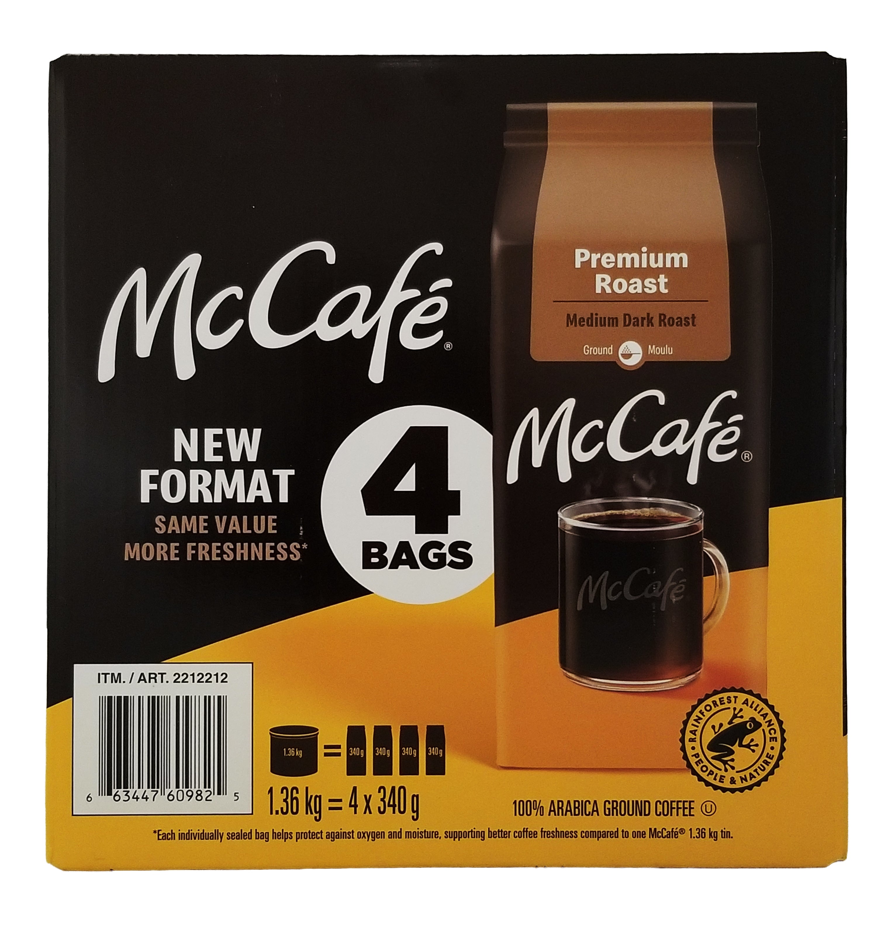 Front side of a McCafe Premium Roast Medium Dark Roast Ground Coffee 1.36kg package with a black and orange design featuring a coffee bag and cup.