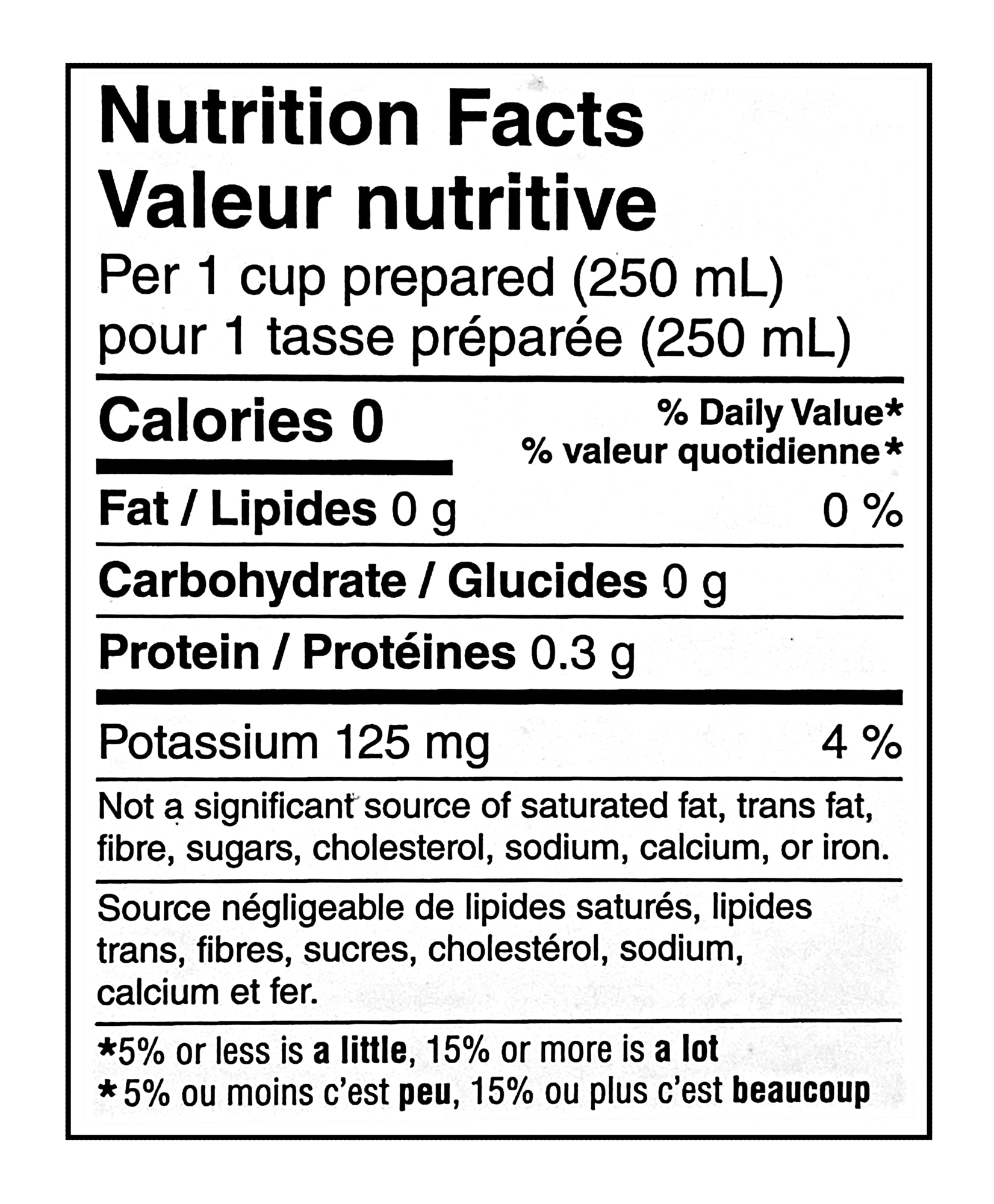 Nutrition facts label for McCafe Premium Roast Medium Dark Roast Ground Coffee 1.36kg package with 0 calories, 0g fat, 0g carbohydrates, 0.3g protein, and 125mg potassium per 250mL serving.