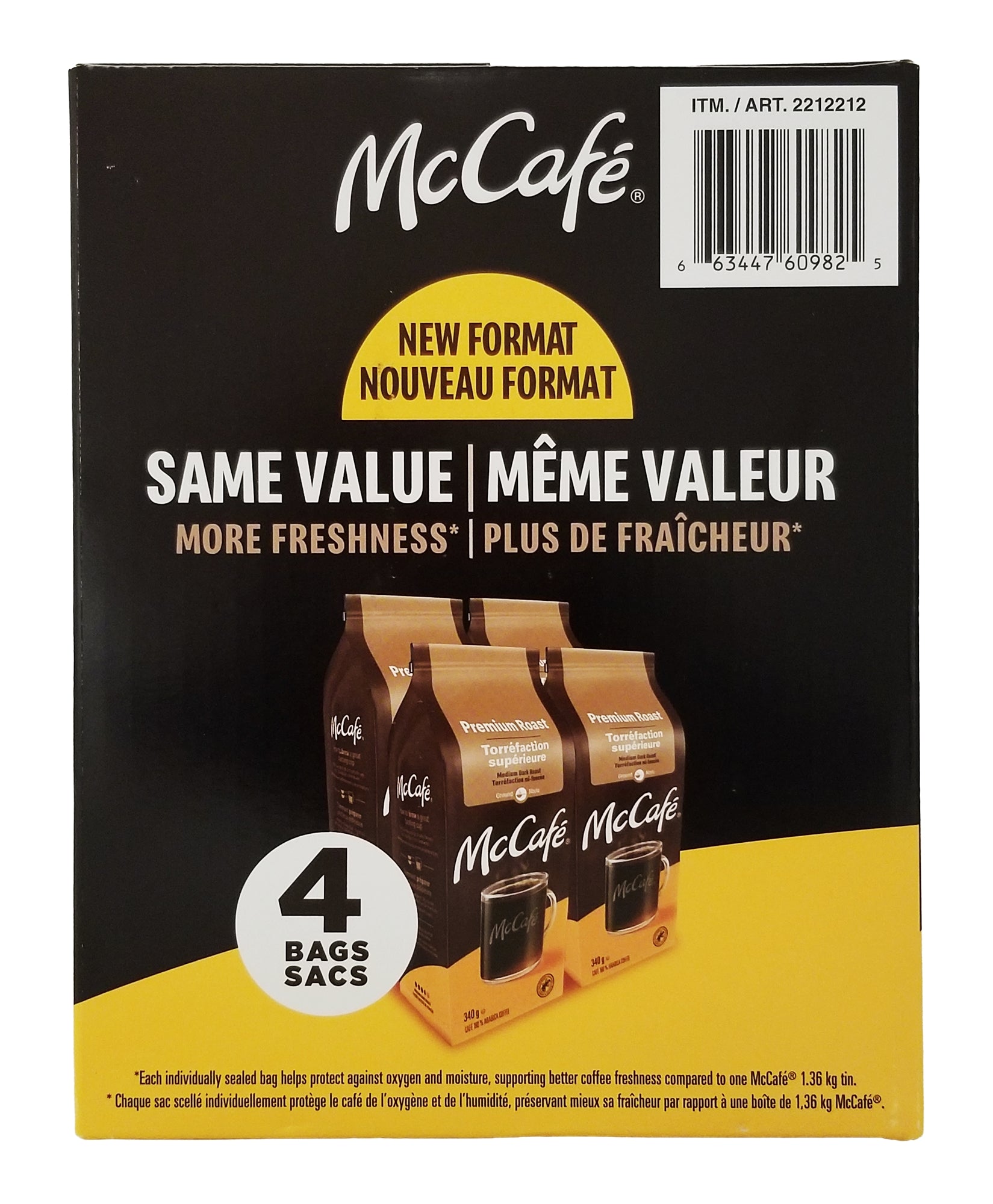 McCafe Premium Roast Medium Dark Roast Ground Coffee 1.36kg package with black and yellow design