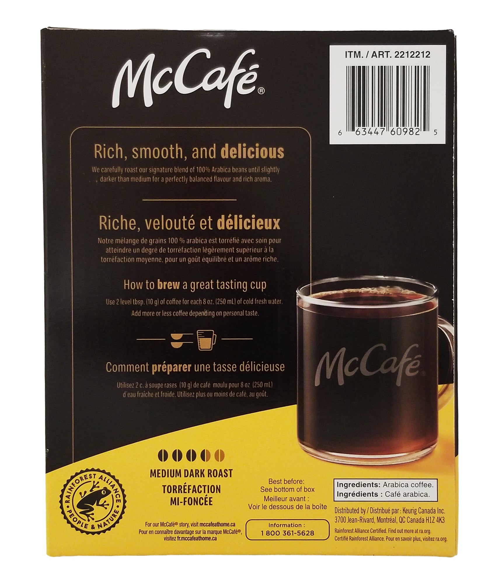 Side of a McCafe Premium Roast Medium Dark Roast Ground Coffee 1.36kg package with a mug of coffee on a black and yellow background