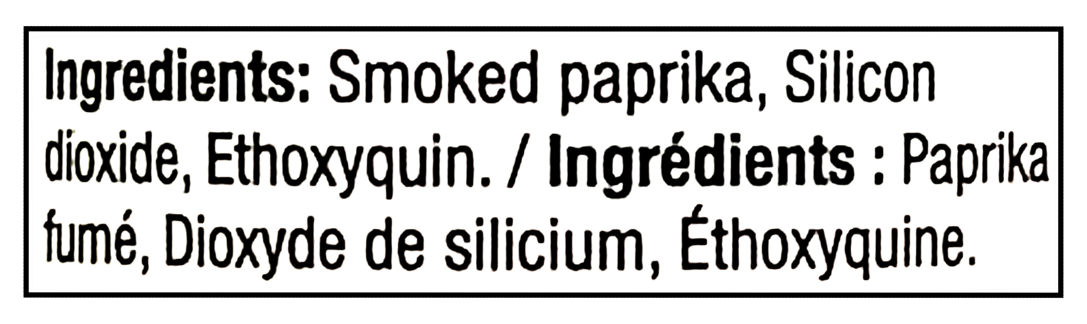 Ingredients label for McCormick Gourmet Smoked Paprika, 40g/1.4 oz listed in English and French.