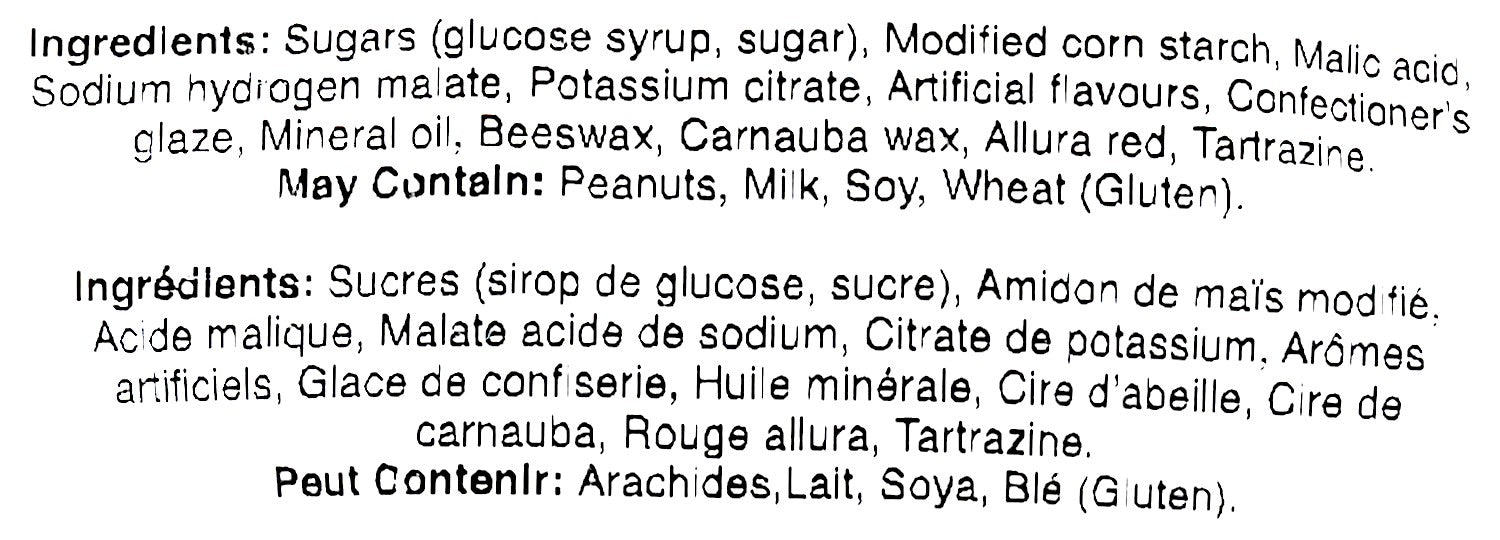 McCormicks Sour Cherry Balls, Bulk Candy, 1kg, ingredients label.