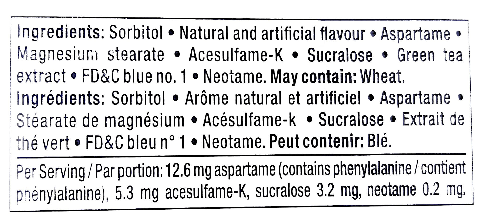 Mentos Clean Breath Mints, Peppermint, 30pc/12 Pack, ingredients label.