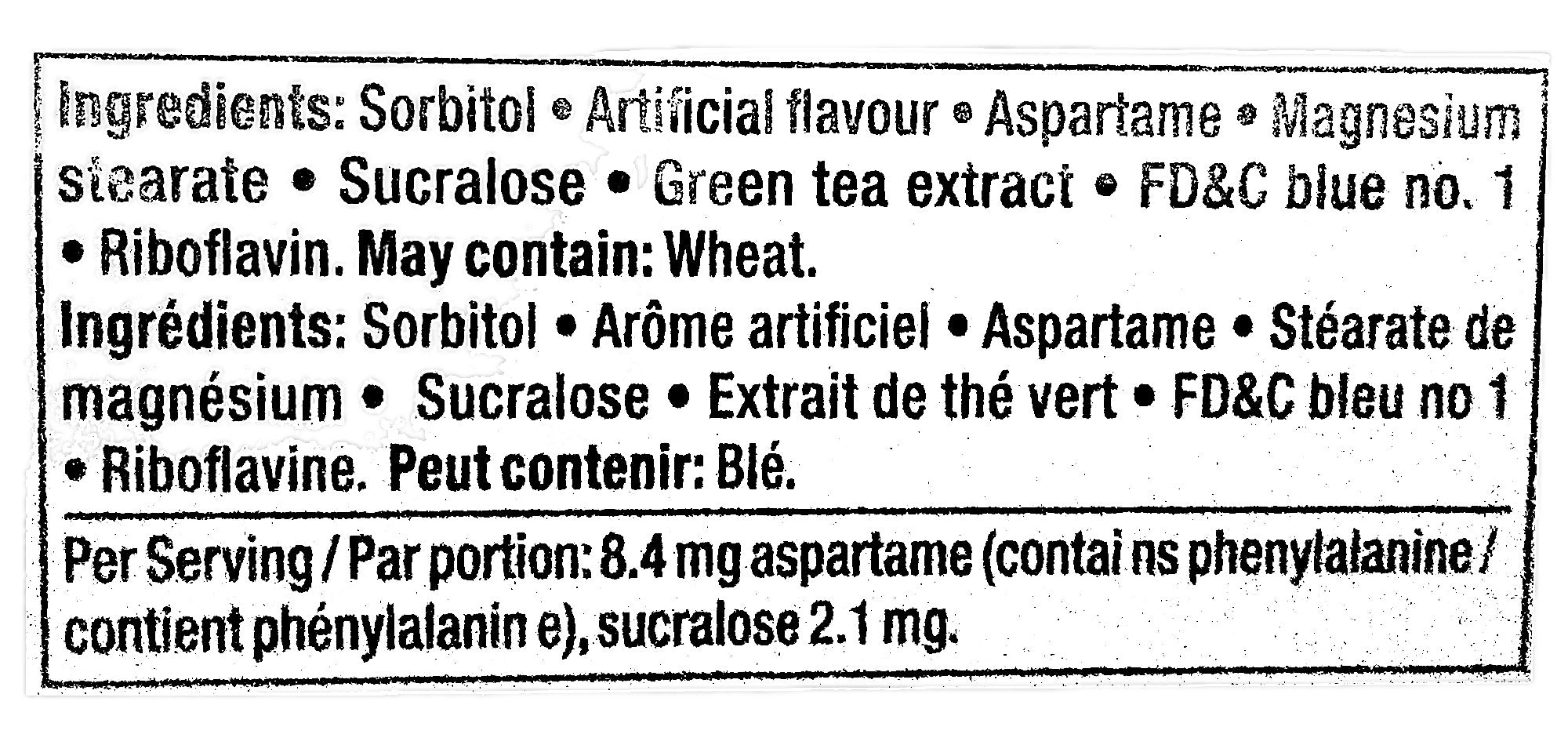 Mentos Clean Breath Mints, Wintergreen, 30 pc/Pack of 12, Package, ingredients label.