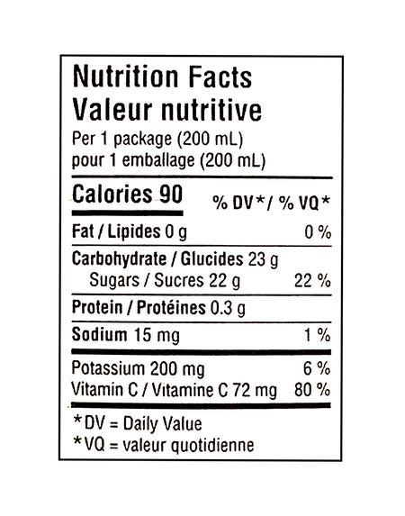Minute Maid Apple Juice Box 200 mL nutrition facts panel