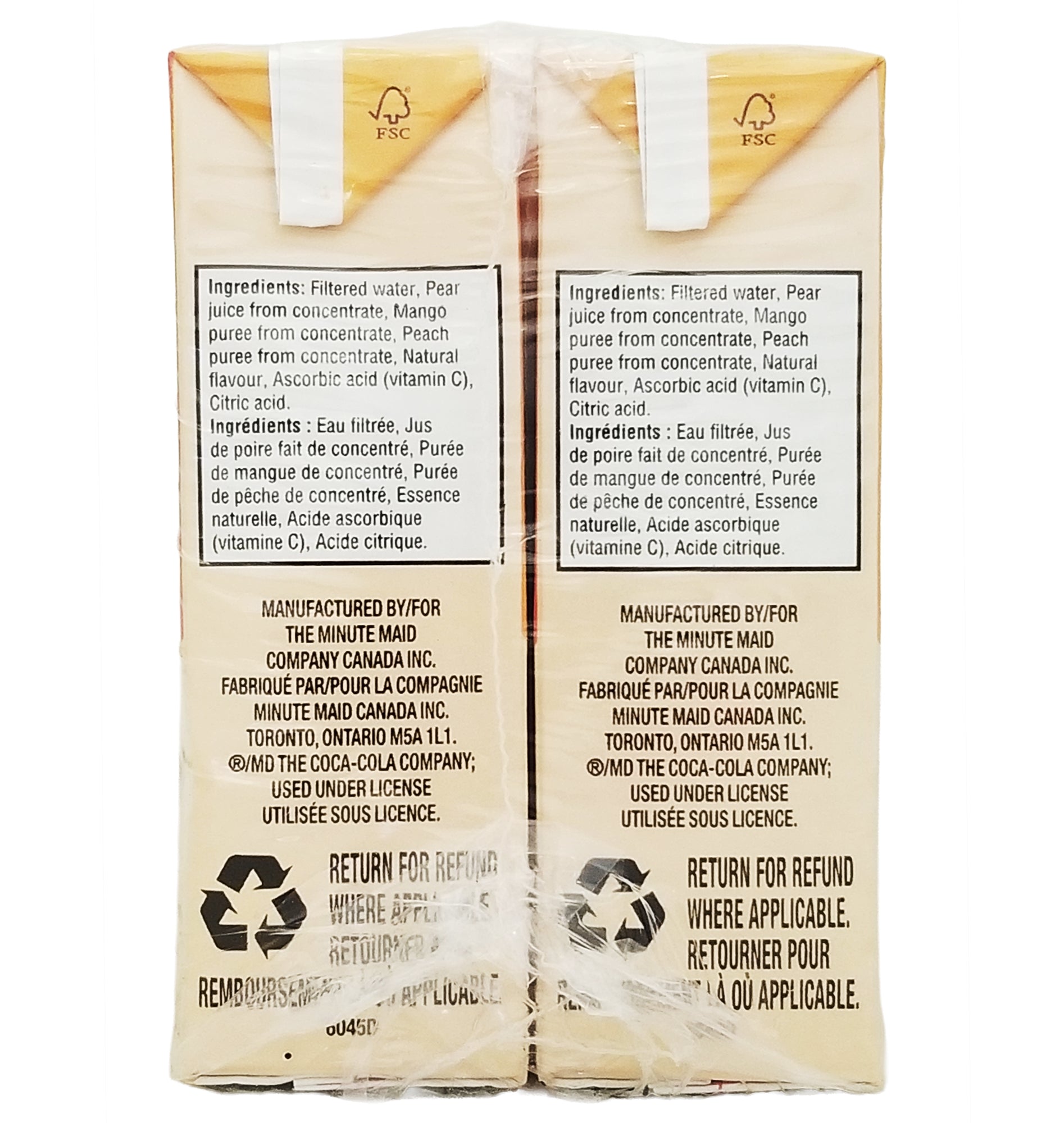 Minute Maid Peach Mango Juice Box side panel real fruit blend pear mango peach