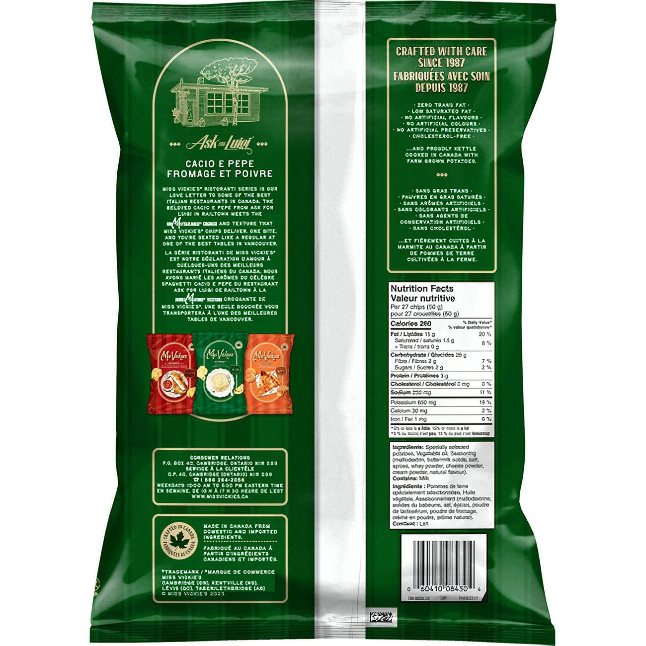 Green package of Miss Vickie's RISTORANTI Kettle Cooked Cacio E Pepe Potato Chips with text and nutritional information on a white background