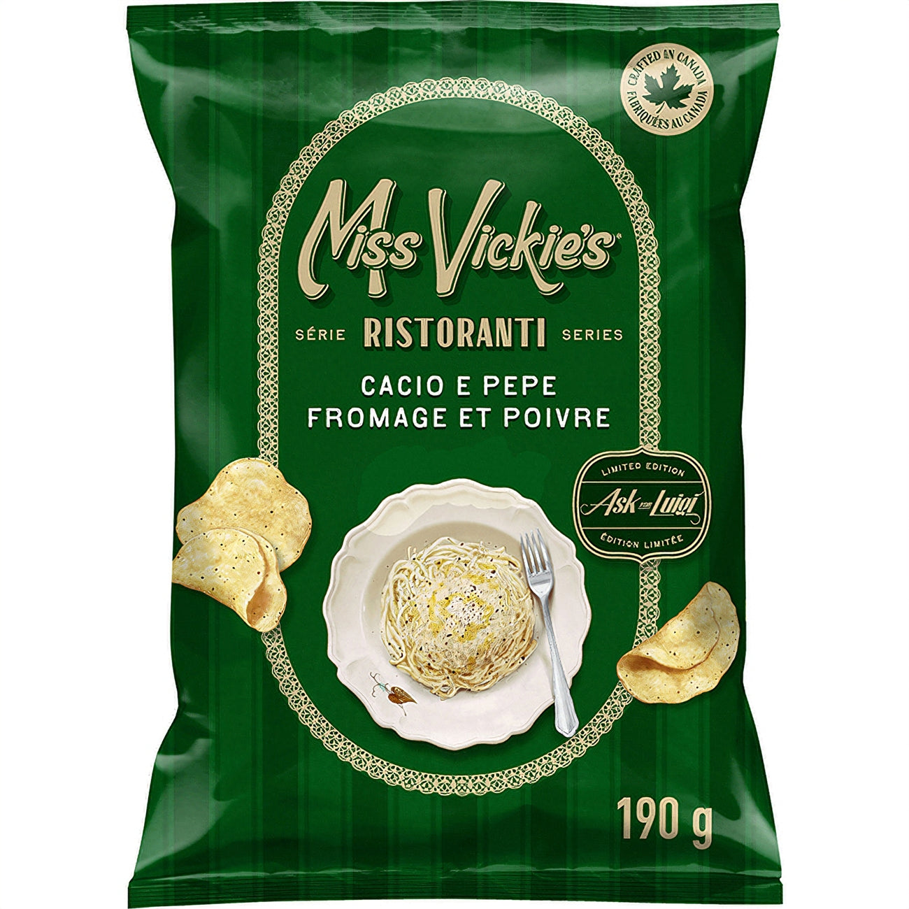 Green packaging of Miss Vickie's Ristoranti Series with pasta and chips on a white background
