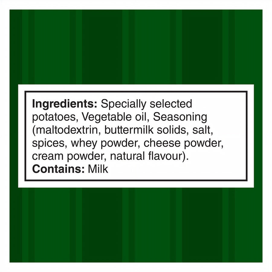 Ingredients list for Miss Vickie's RISTORANTI Kettle Cooked Cacio E Pepe Potato Chips on a green striped background