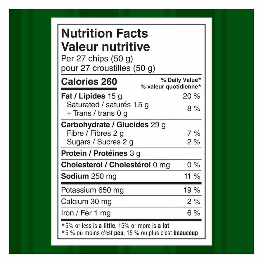Nutrition facts label for Miss Vickie's RISTORANTI Kettle Cooked Cacio E Pepe Potato Chips with green border