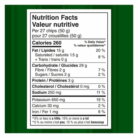 Nutrition facts label for Miss Vickie's RISTORANTI Kettle Cooked Cacio E Pepe Potato Chips with green border