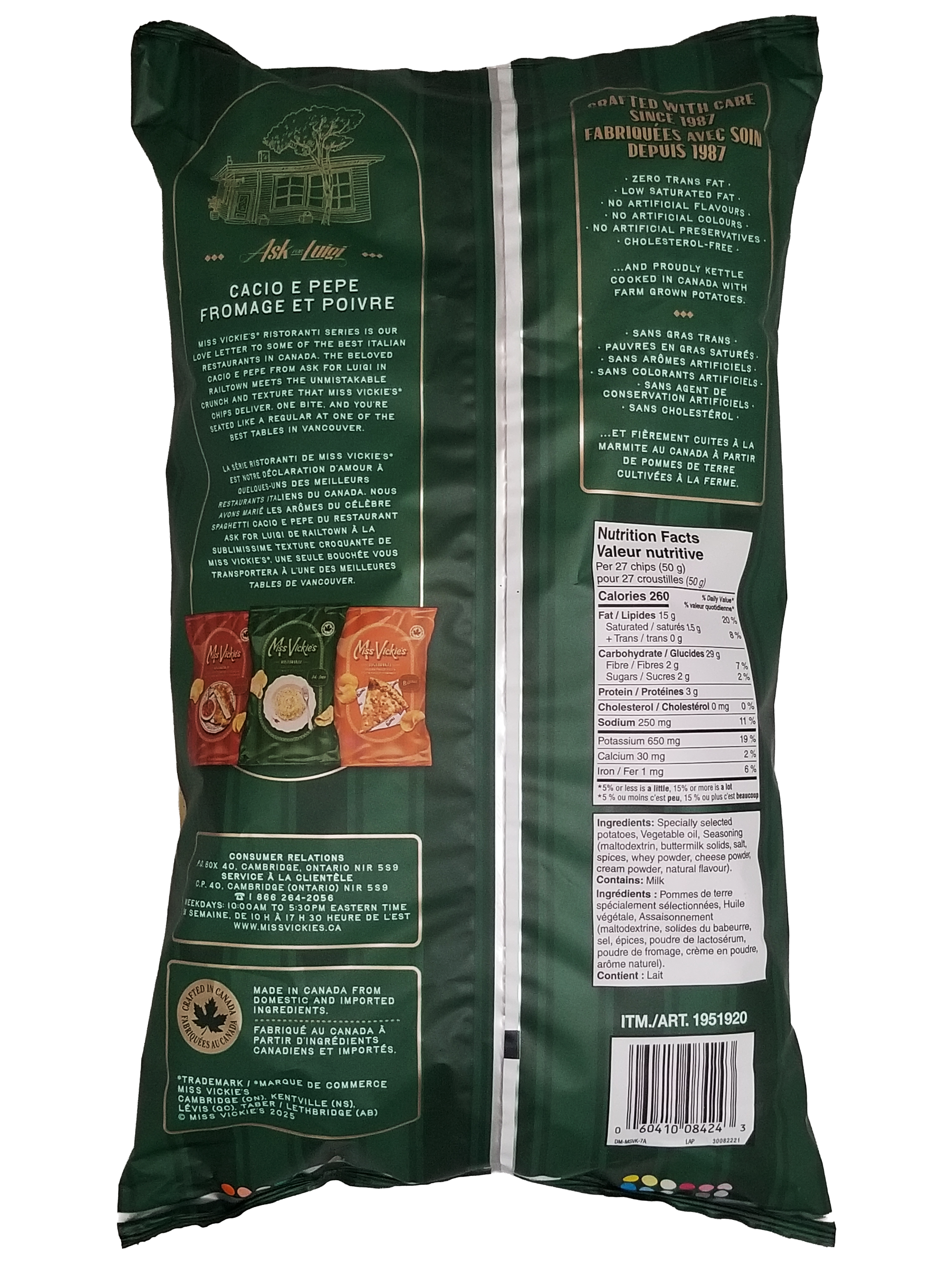 Back view of Miss Vickie's RISTORANTI Kettle Cooked Cacio E Pepe Potato Chips - 572g/20.1 oz with text and branding on a white background