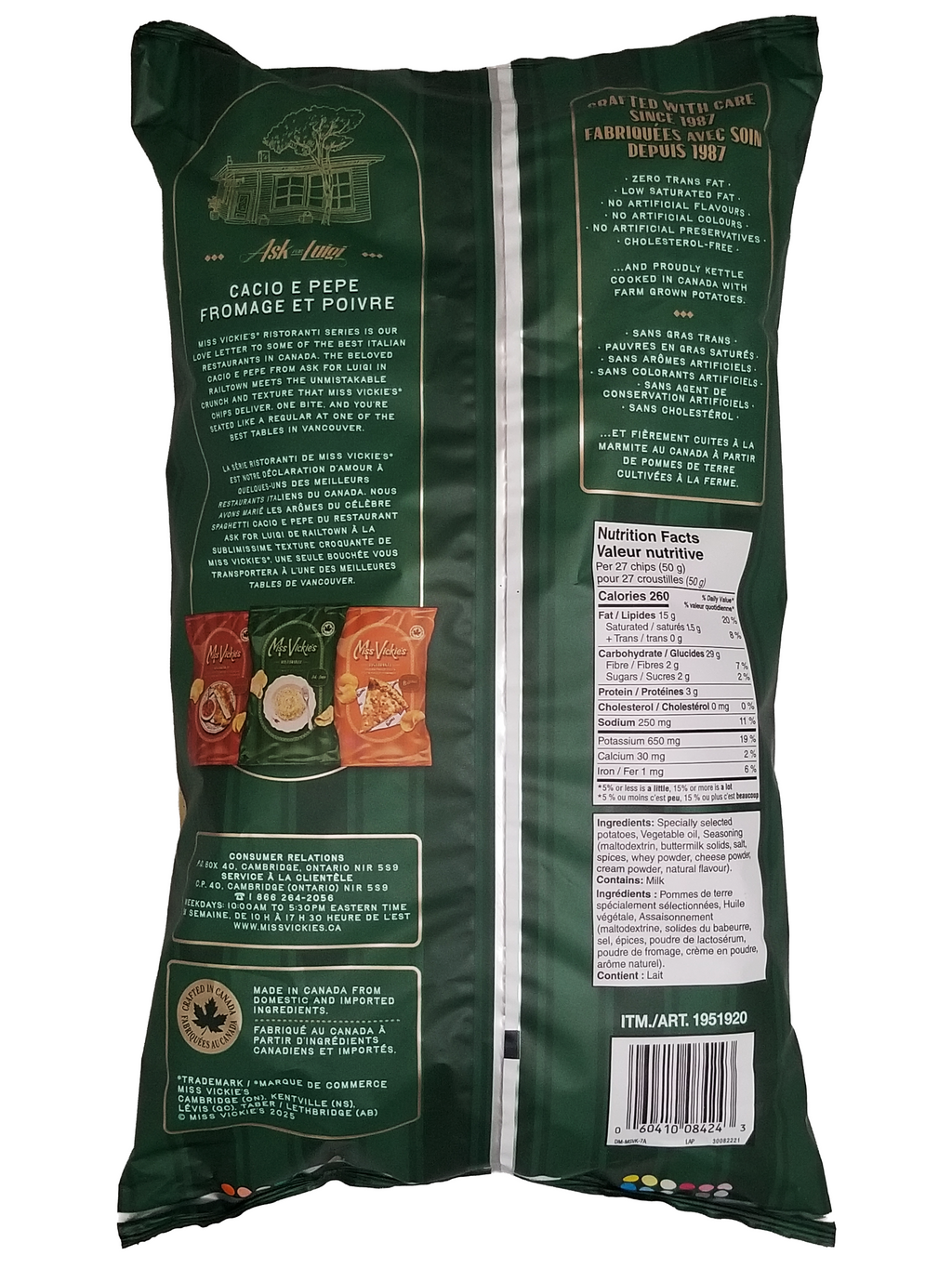 Back view of Miss Vickie's RISTORANTI Kettle Cooked Cacio E Pepe Potato Chips - 572g/20.1 oz with text and branding on a white background